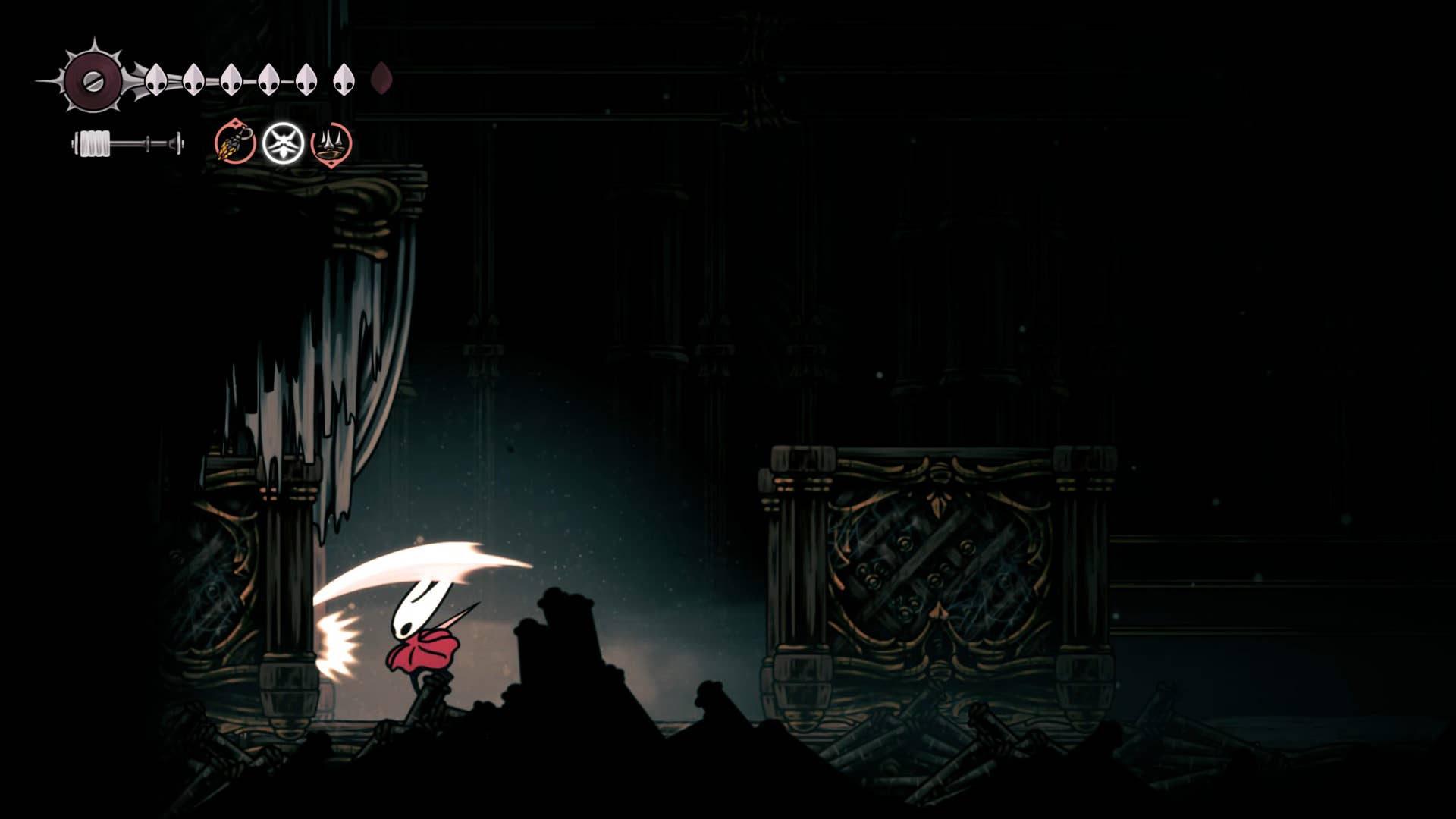 Screenshot of Hollow Knight: Silkson showing the path through a whispered vault.