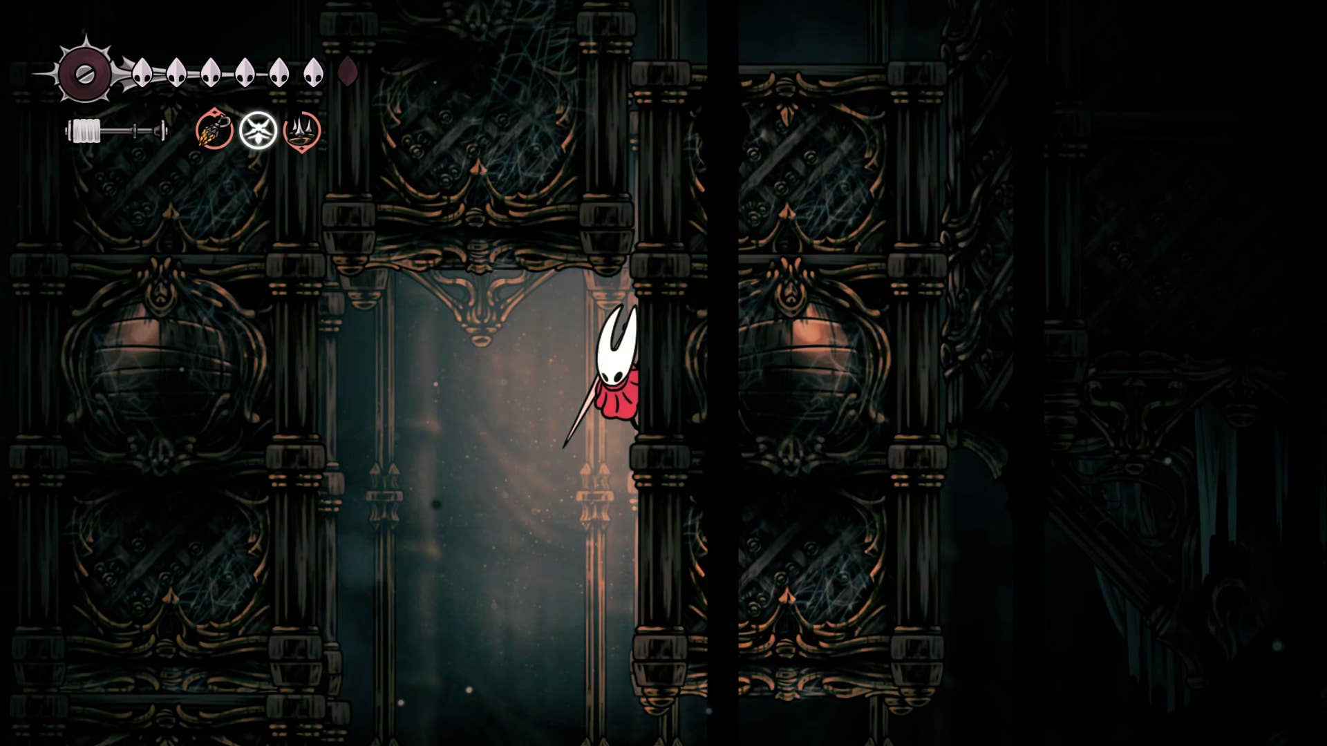 Screenshot of Hollow Knight: Silkson showing the path through a whispered vault.