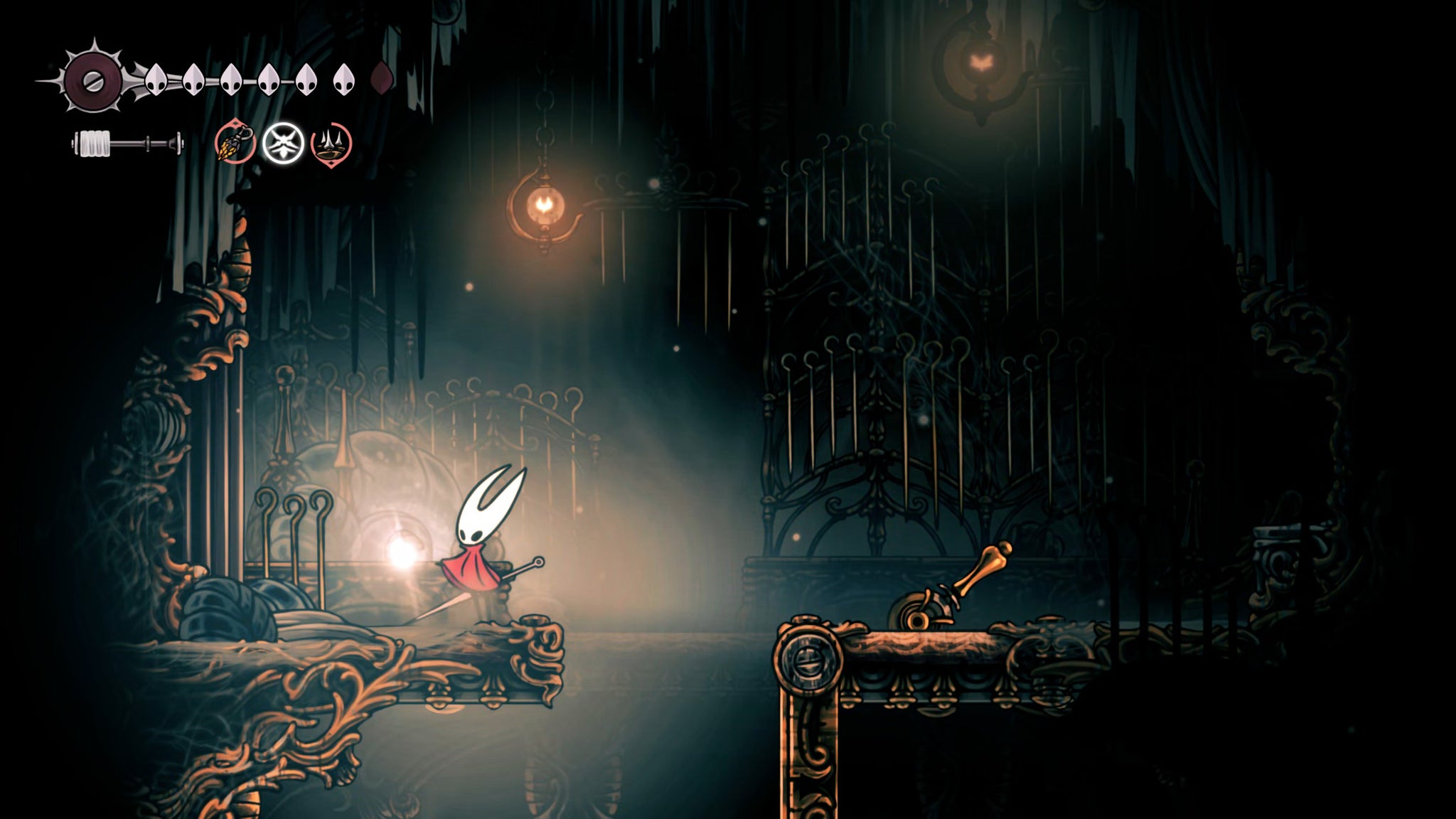 A screenshot of Hollow Knight: Silksong showing the path through the Whispering Vaults. - 22