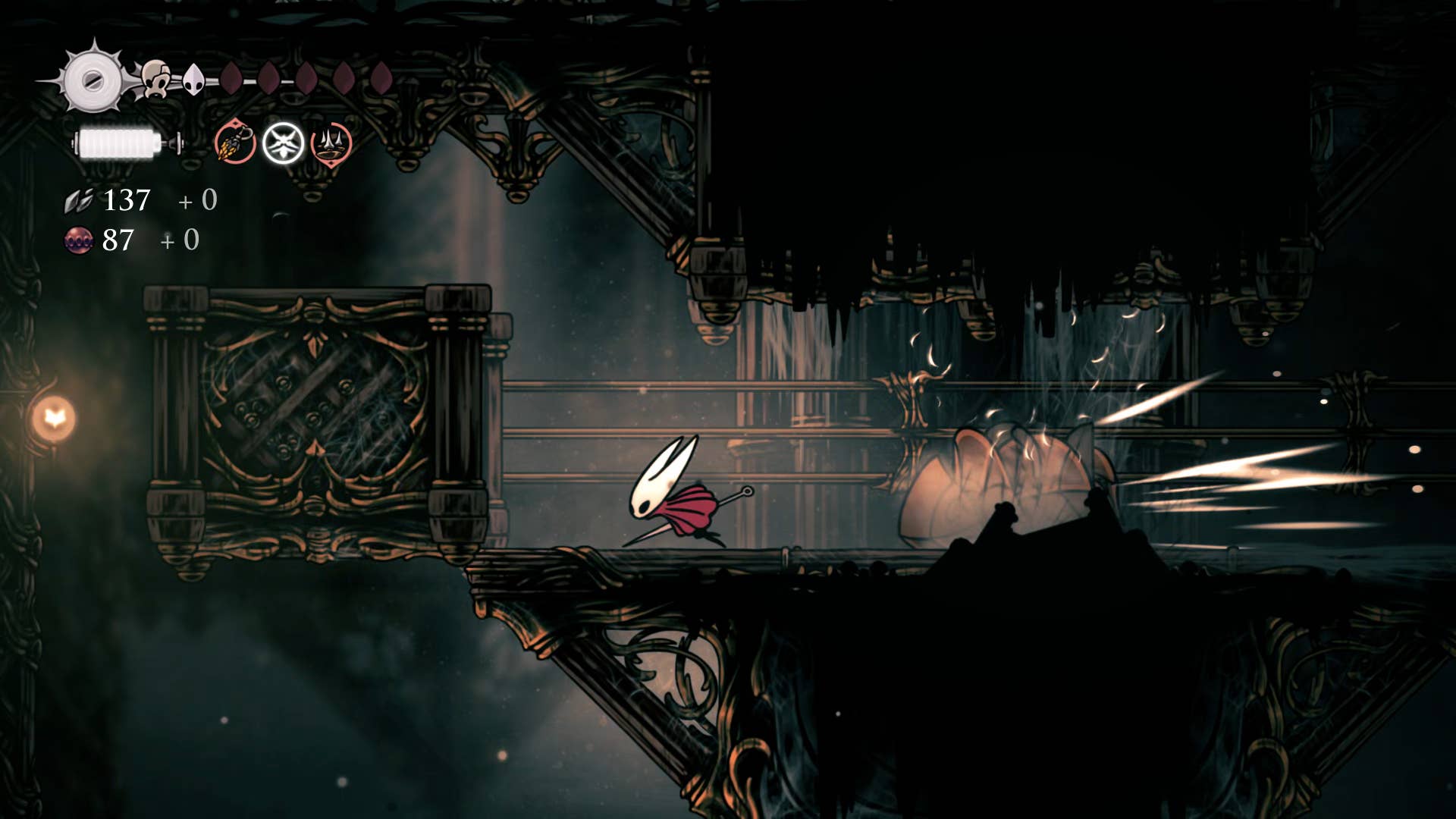 Screenshot of Hollow Knight: Silkson showing the path through a whispered vault.