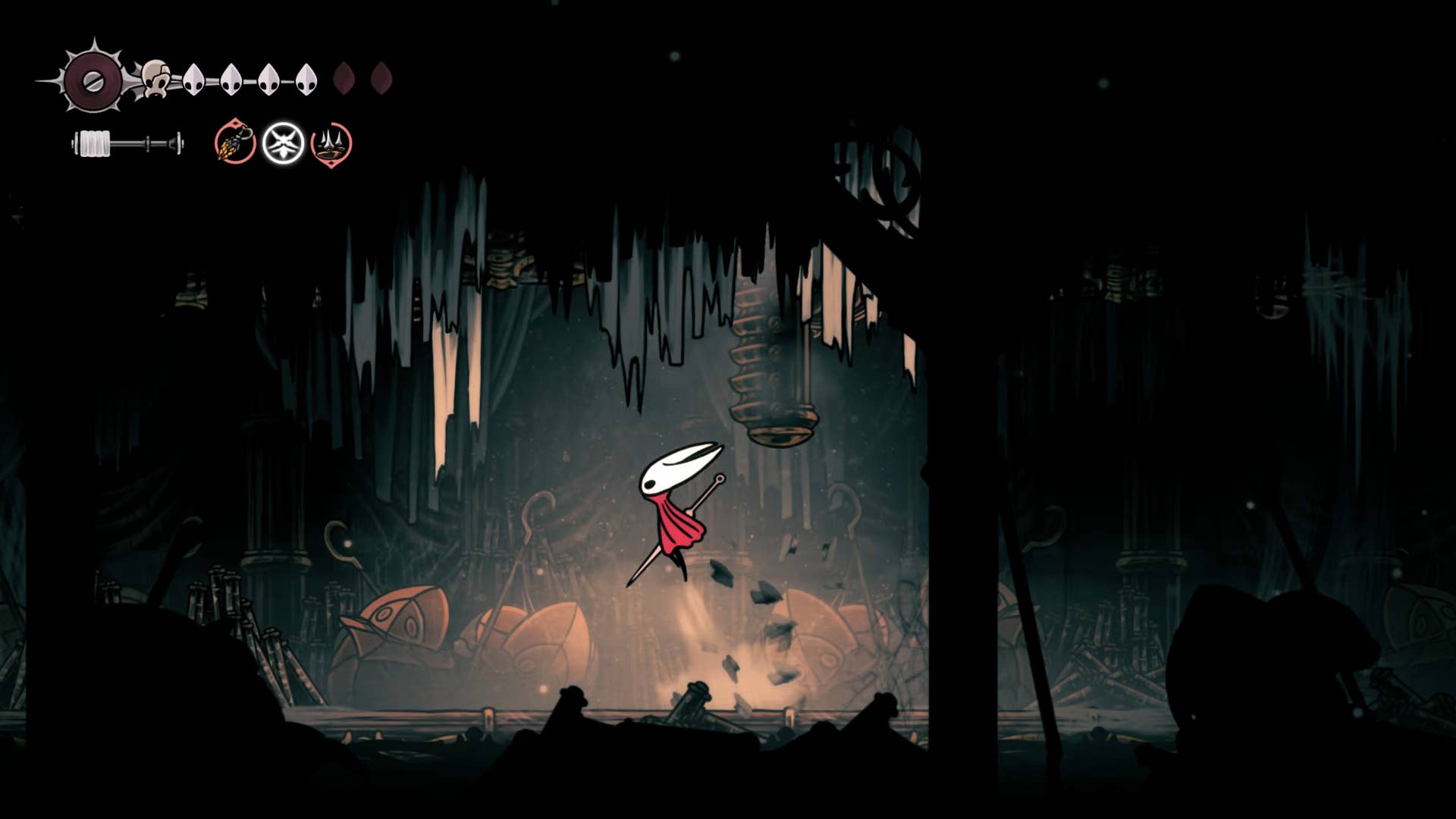 Screenshot of Hollow Knight: Silkson showing the path through a whispered vault.