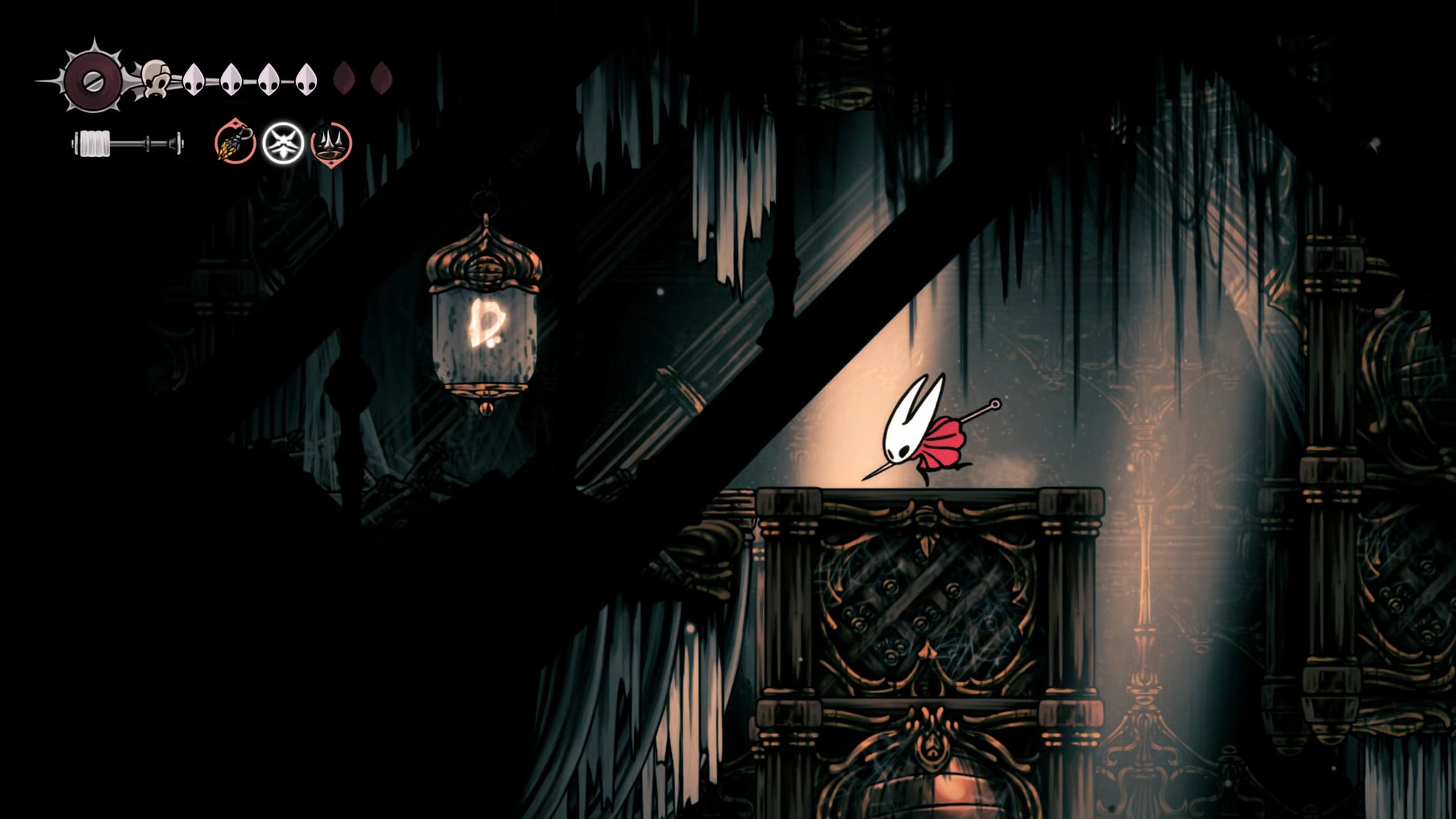 A screenshot of Hollow Knight: Silksong showing the path through the Whispering Vaults. - 29