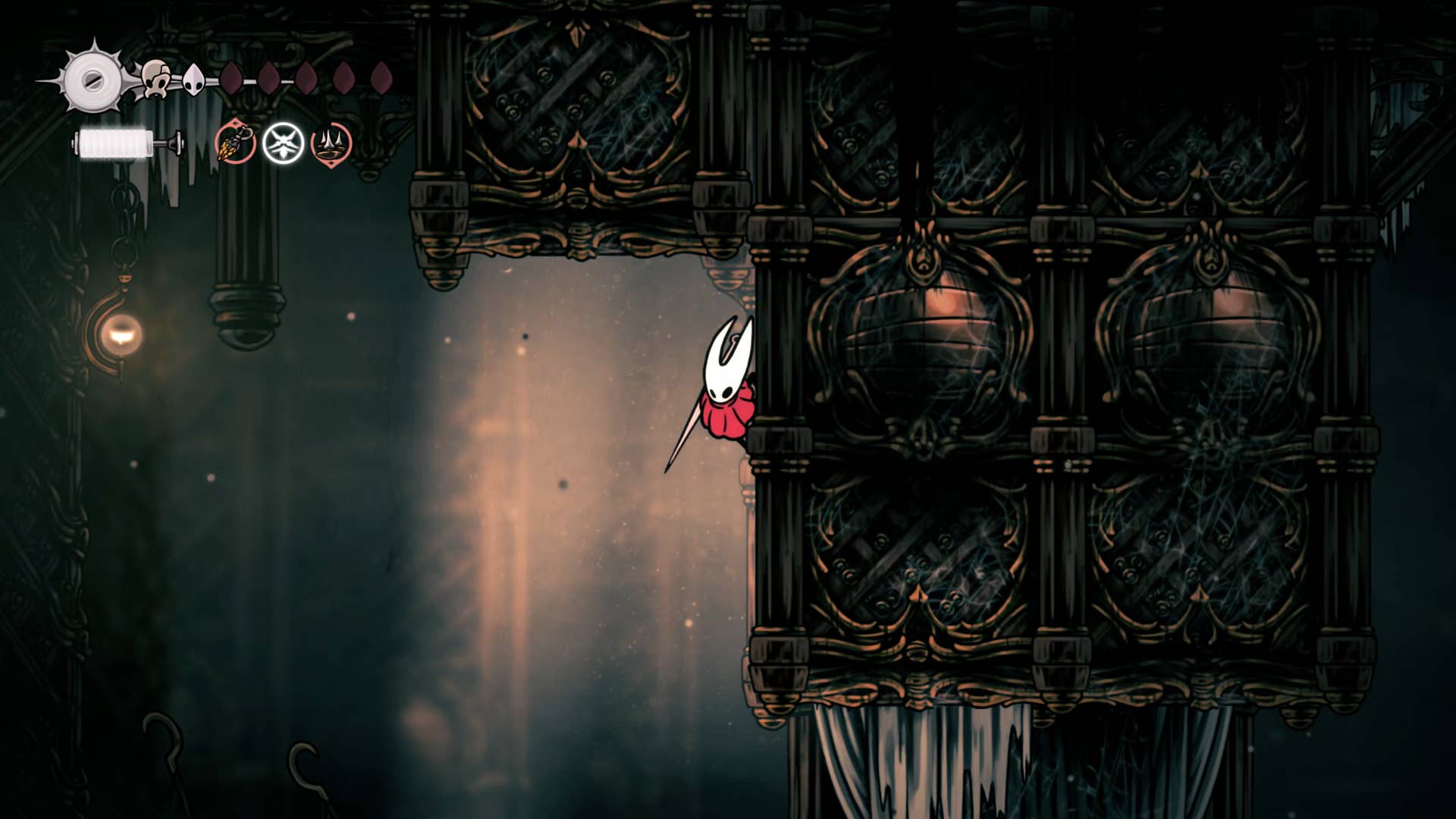 Screenshot of Hollow Knight: Silkson showing the path through a whispered vault.