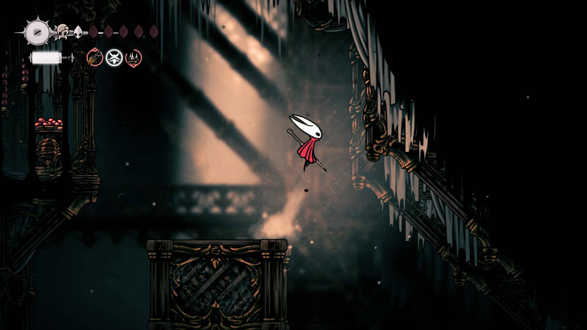 Screenshot of Hollow Knight: Silkson showing the path through a whispered vault.