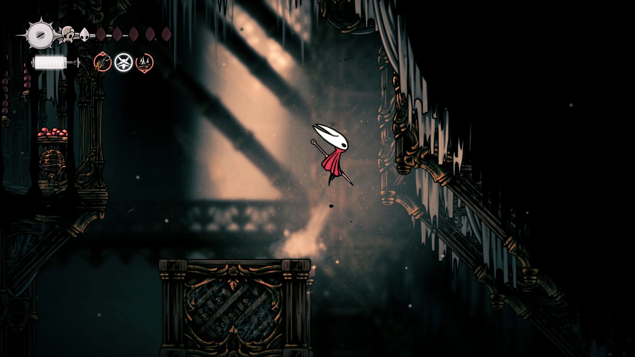 A screenshot of Hollow Knight: Silksong showing the path through the Whispering Vaults. - 31
