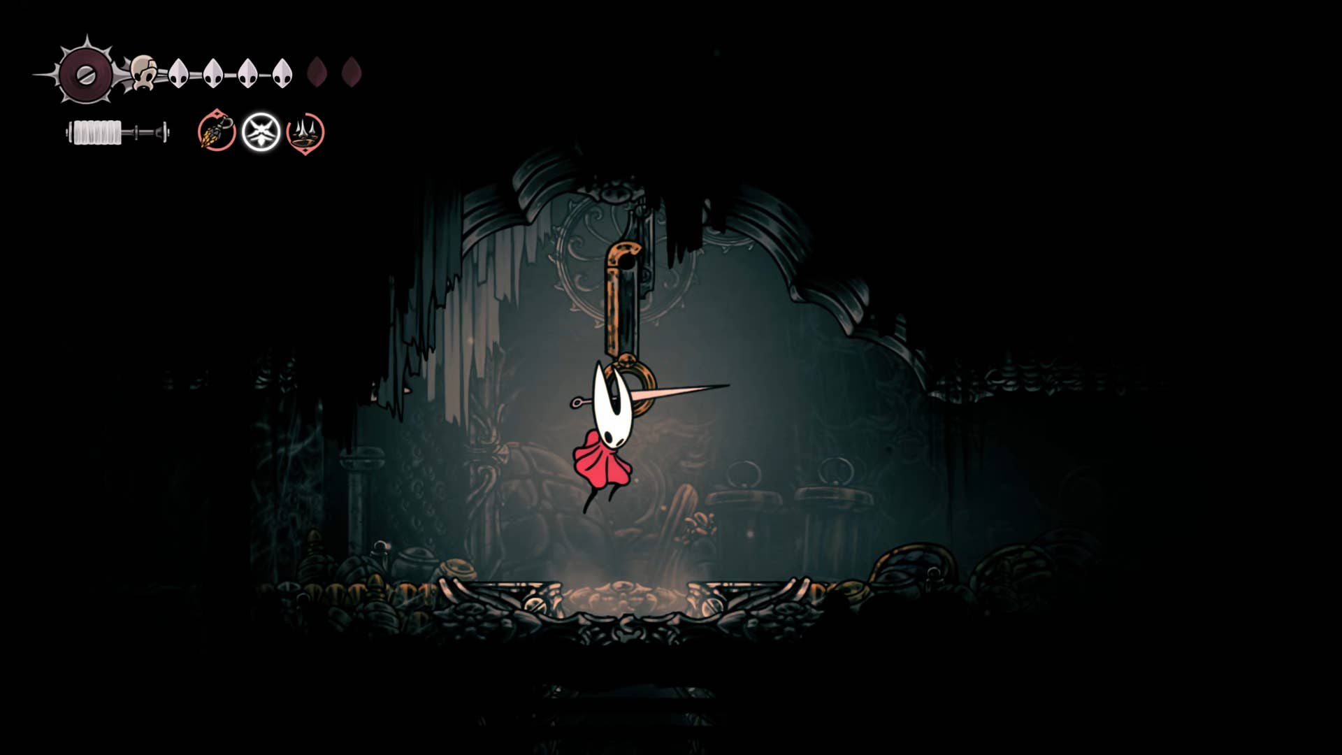 Screenshot of Hollow Knight: Silkson showing the path through a whispered vault.