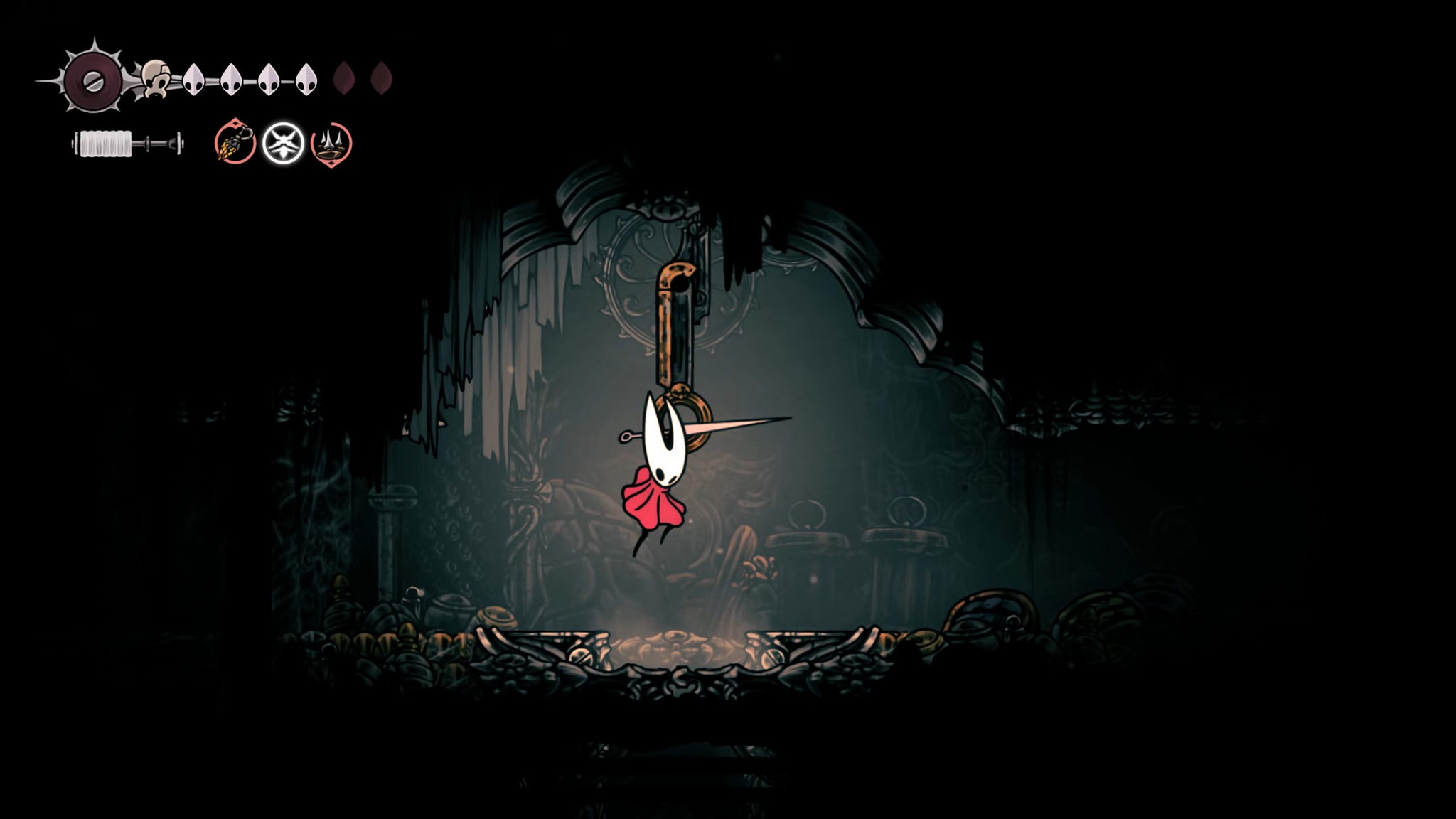 A screenshot of Hollow Knight: Silksong showing the path through the Whispering Vaults. - 32