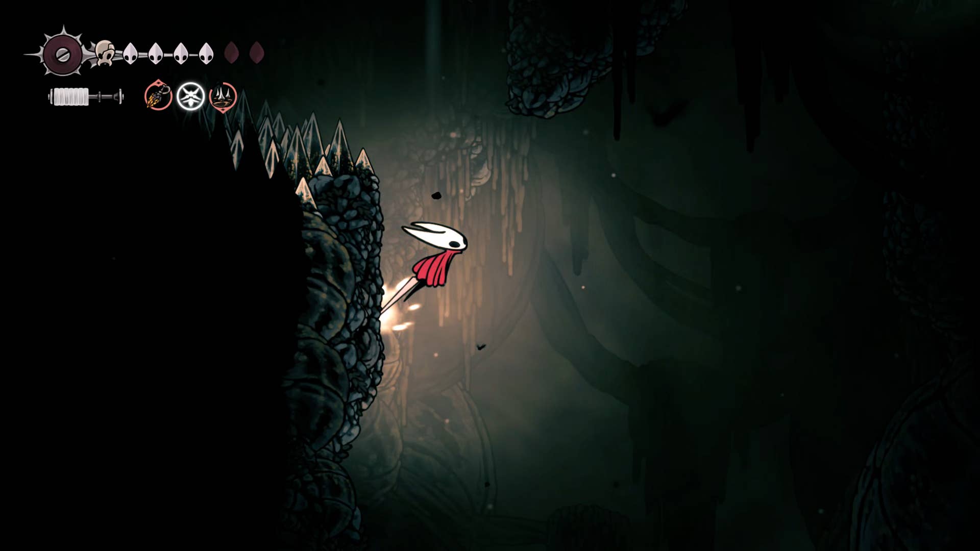 Screenshot of Hollow Knight: Silkson showing the path through a whispered vault.