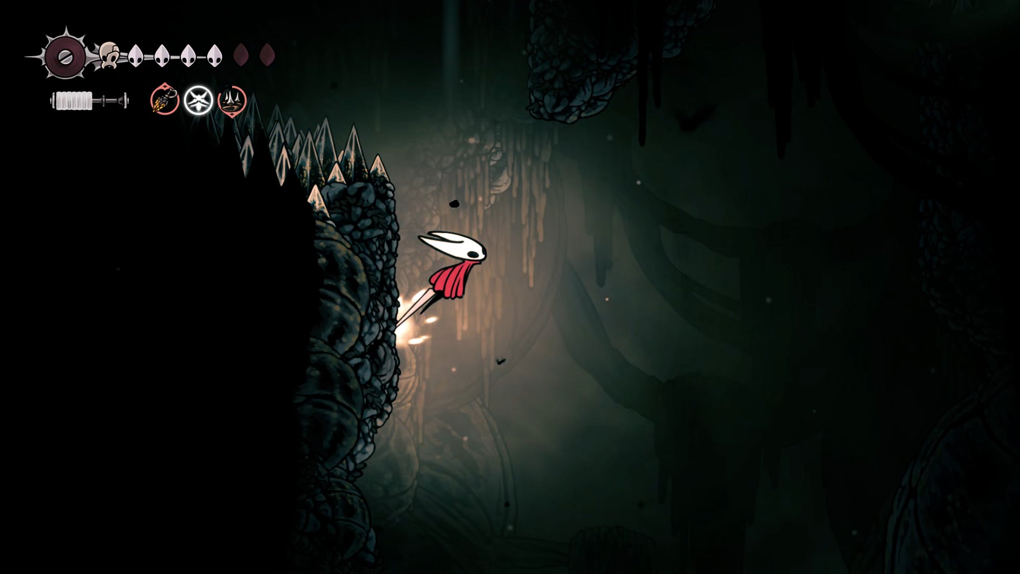 A screenshot of Hollow Knight: Silksong showing the path through the Whispering Vaults. - 33