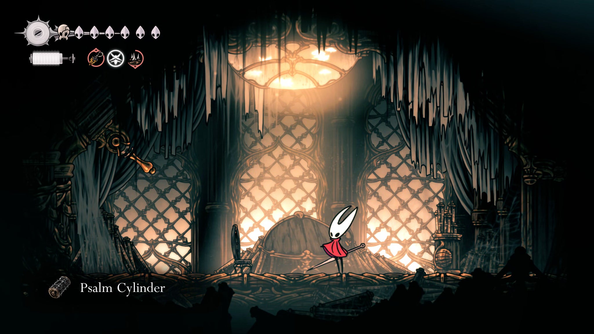 A screenshot of Hollow Knight: Silksong showing the path through the Whispering Vaults. - 36