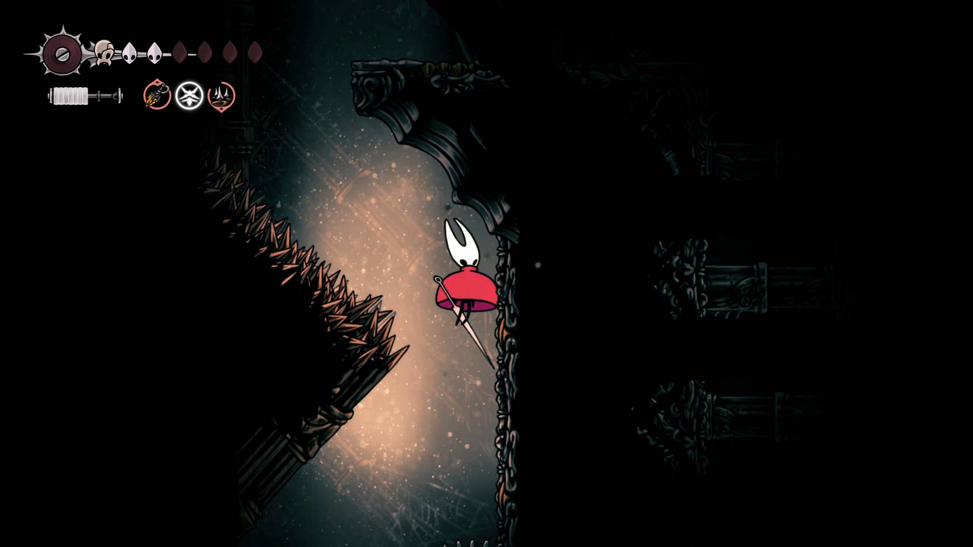 Screenshot of Hollow Knight: Silkson showing the path through a whispered vault.