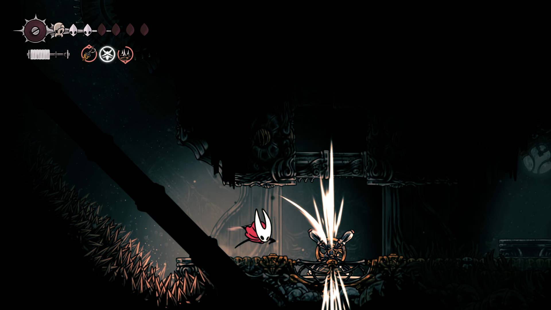 Screenshot of Hollow Knight: Silkson showing the path through a whispered vault.