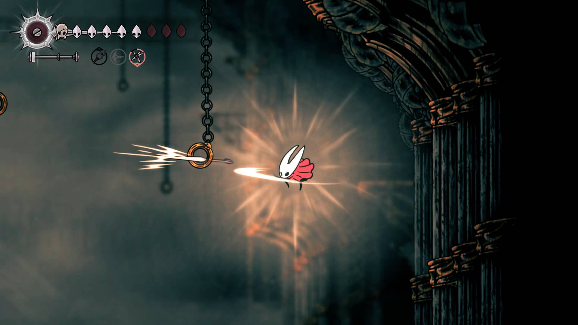 Screenshot of Hollow Knight: Silkson showing the path through a whispered vault.