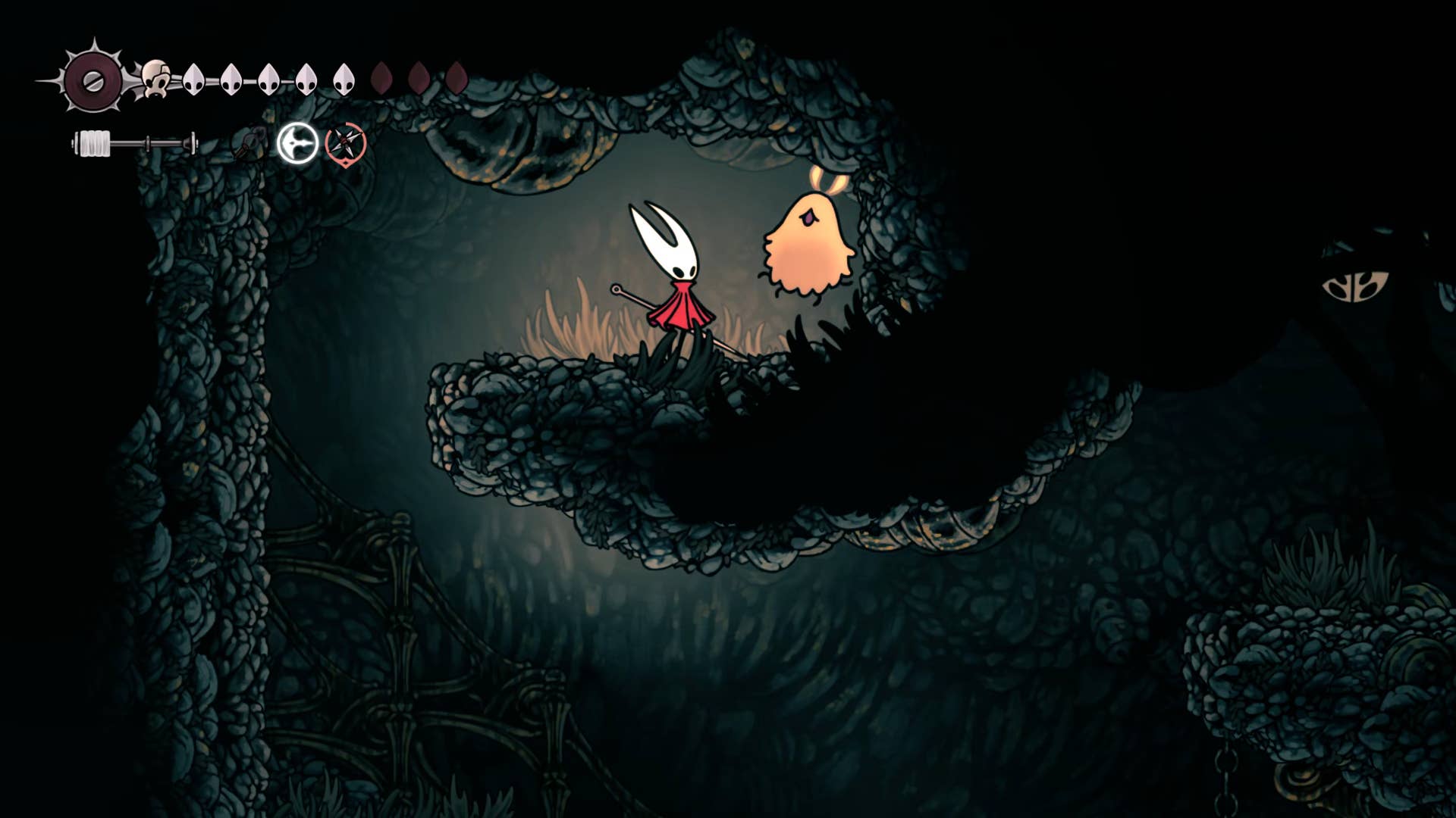 Screenshot of Hollow Knight: Silkson showing the path through a whispered vault.