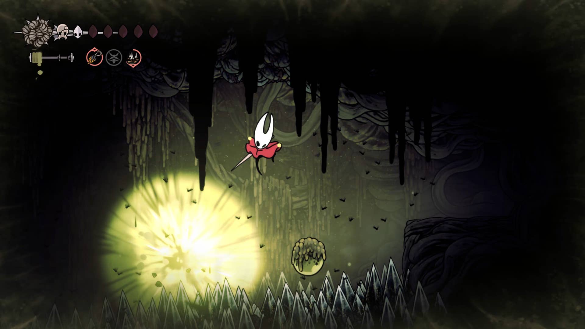Screenshot of Hollow Knight: Silkson showing the path through a whispered vault.