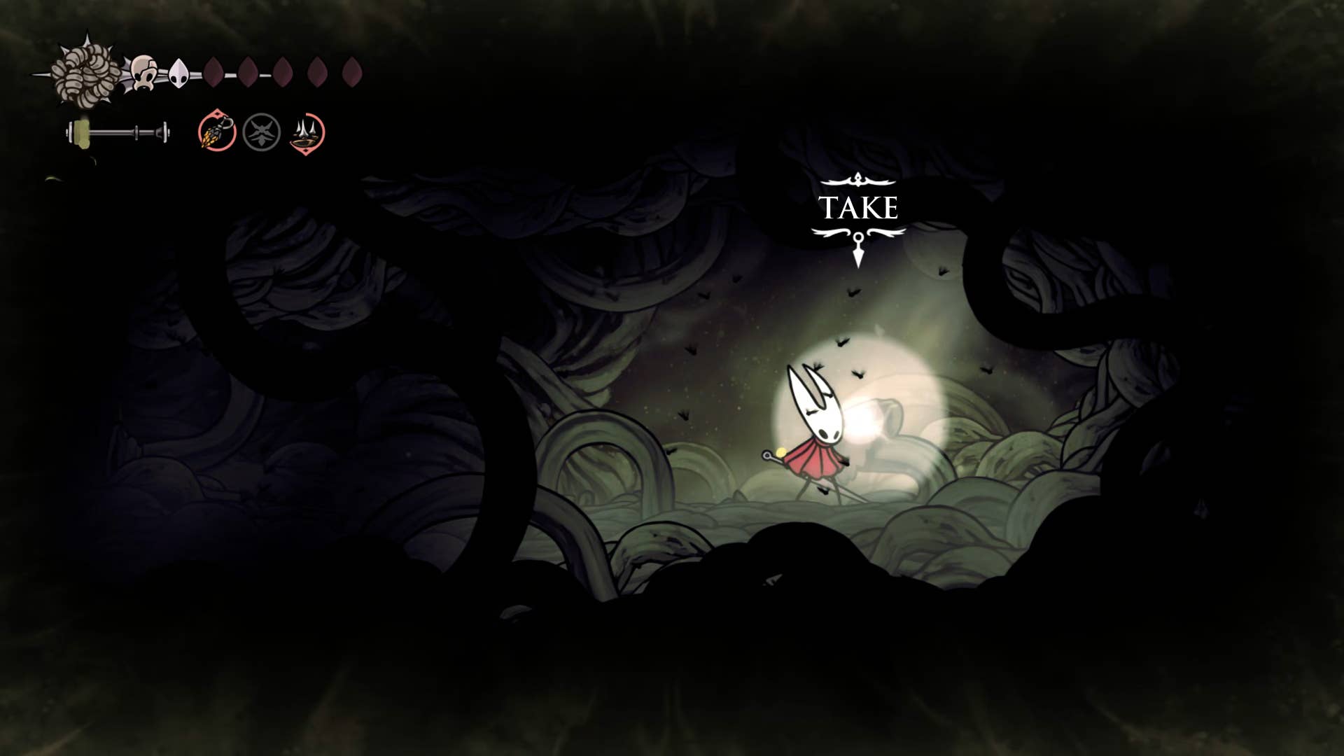 Screenshot of Hollow Knight: Silkson showing the path through a whispered vault.