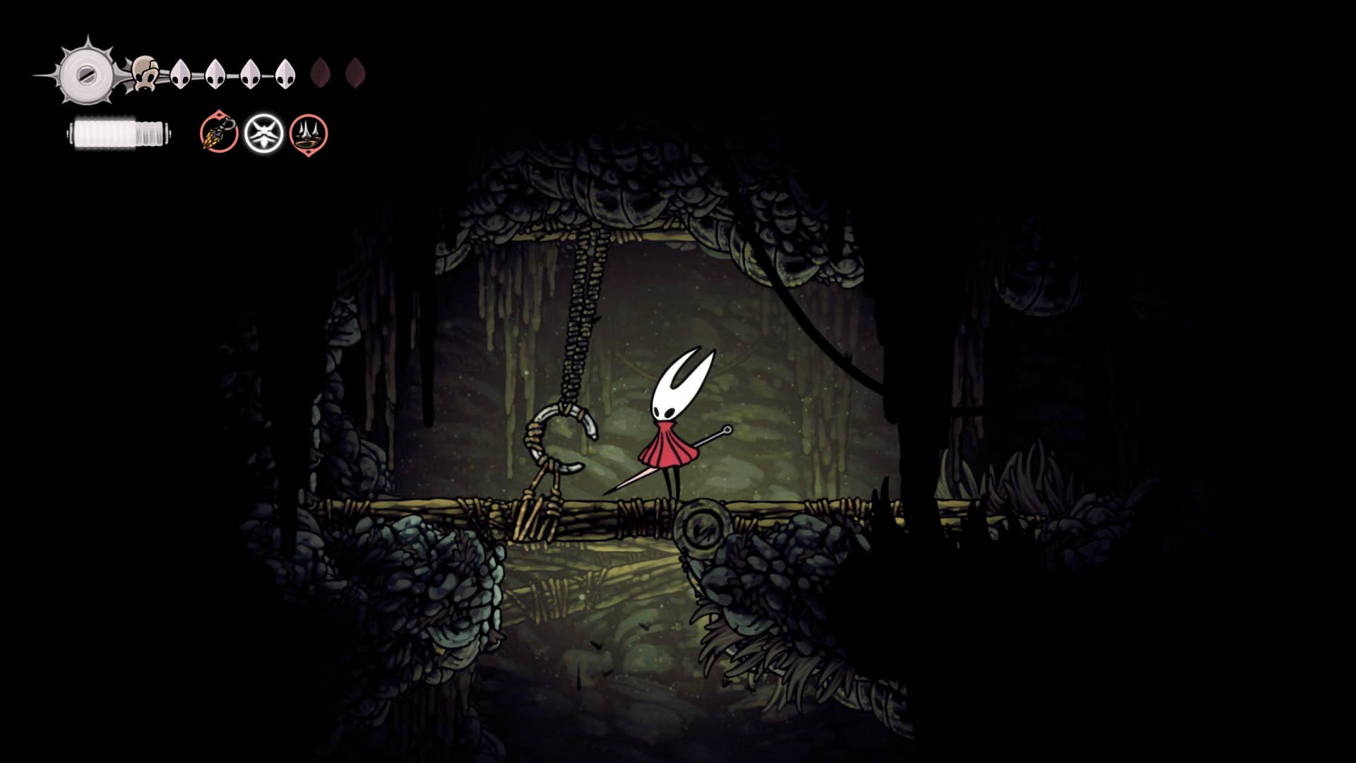Screenshot of Hollow Knight: Silkson showing the path through a whispered vault.