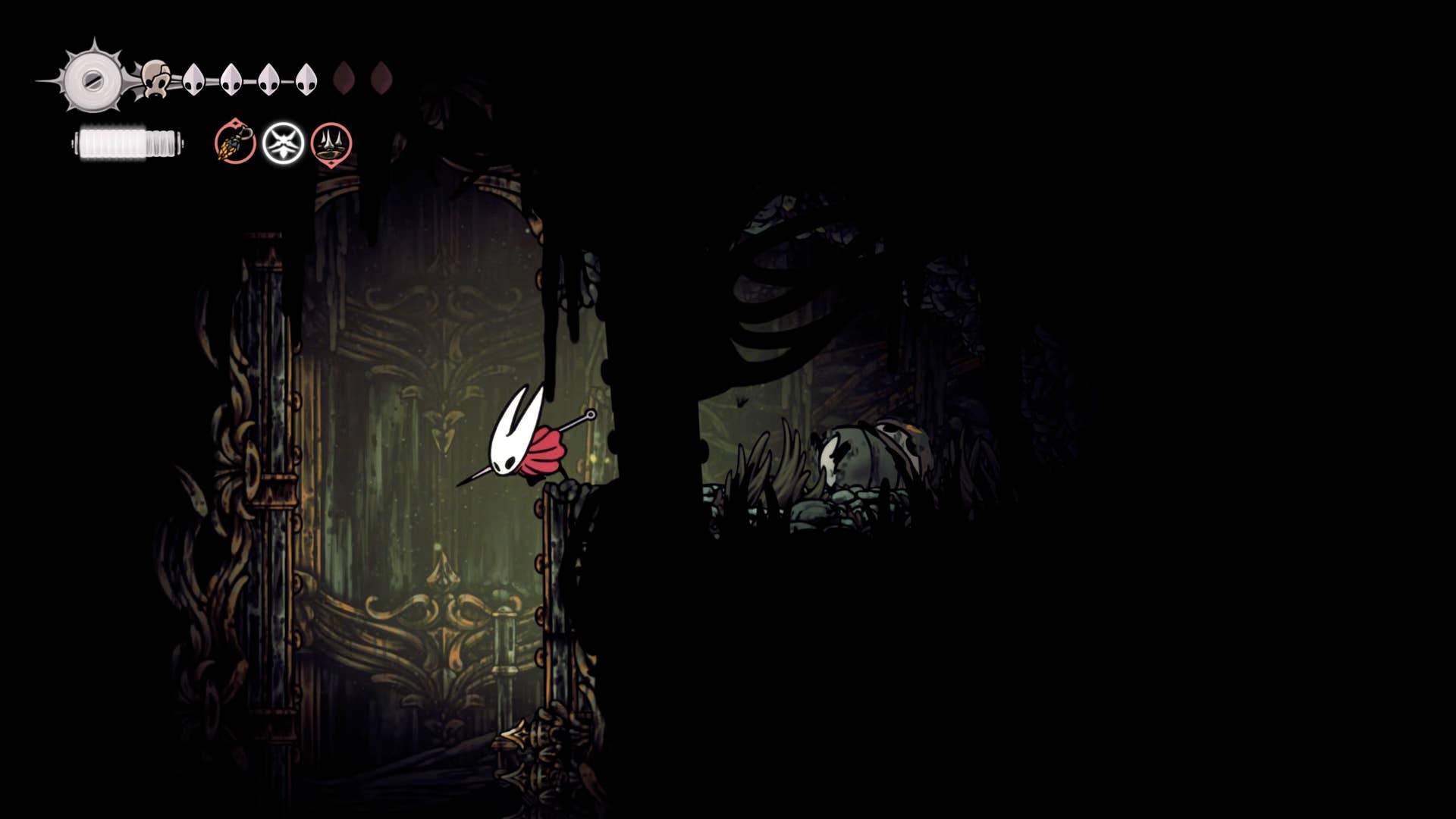 Screenshot of Hollow Knight: Silkson showing the path through a whispered vault.