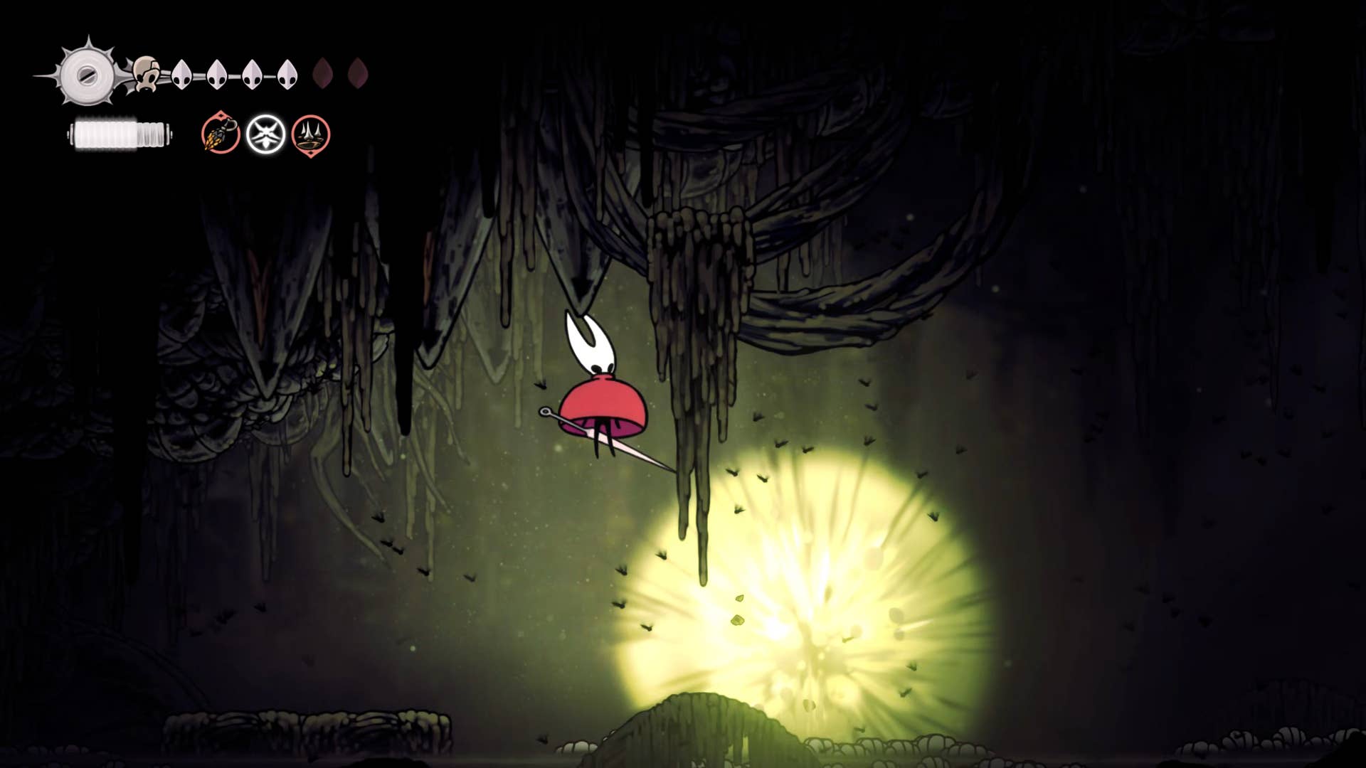 Screenshot of Hollow Knight: Silkson showing the path through a whispered vault.