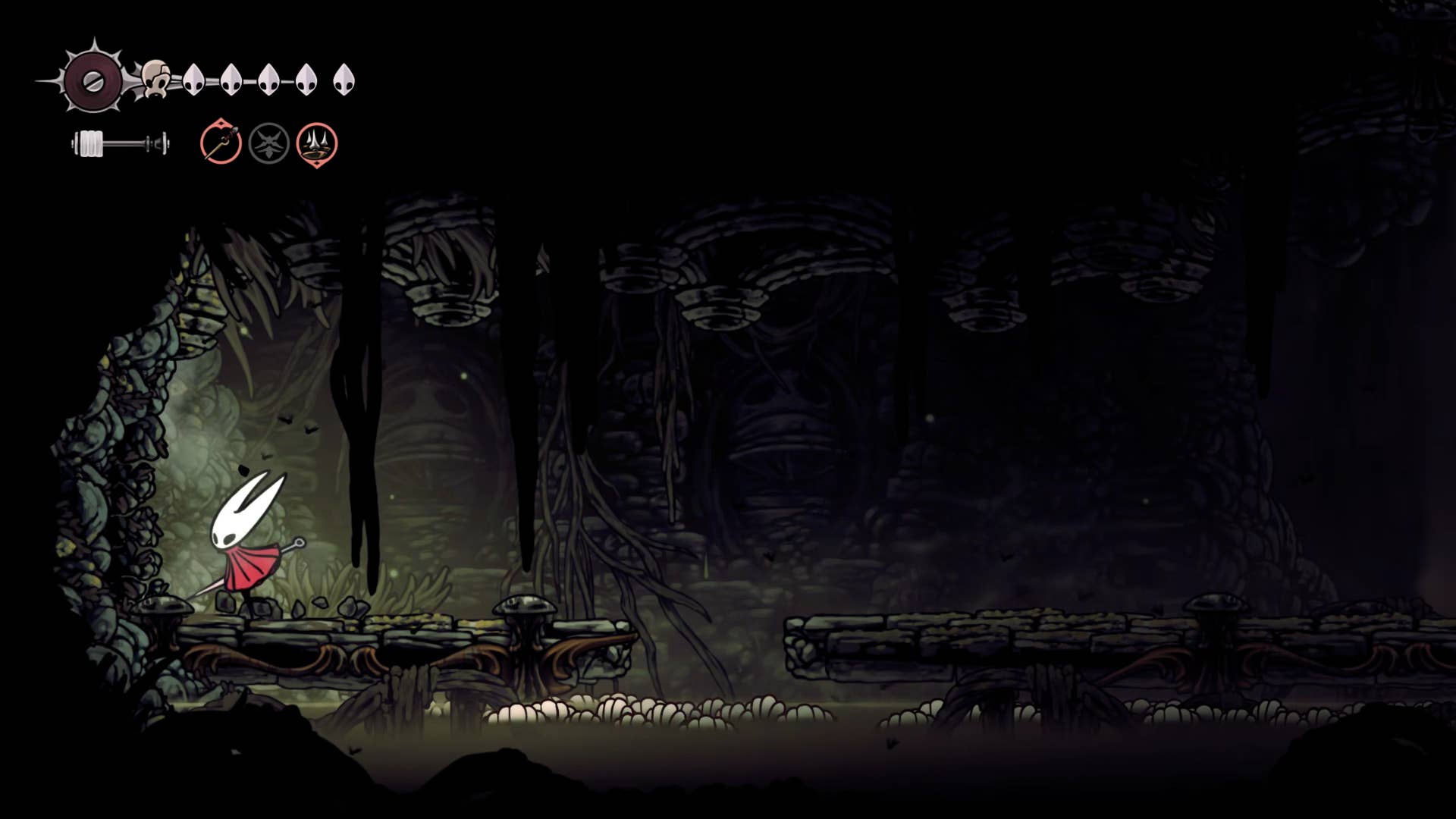 Screenshot of Hollow Knight: Silkson showing the path through a whispered vault.