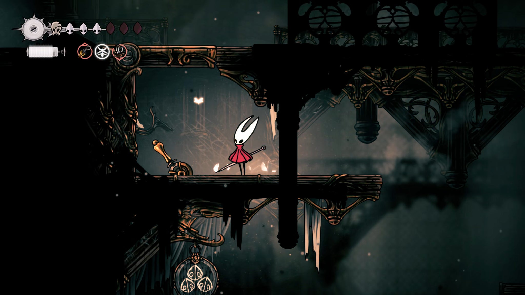 A screenshot of Hollow Knight: Silksong showing the path through the Whispering Vaults. - 45