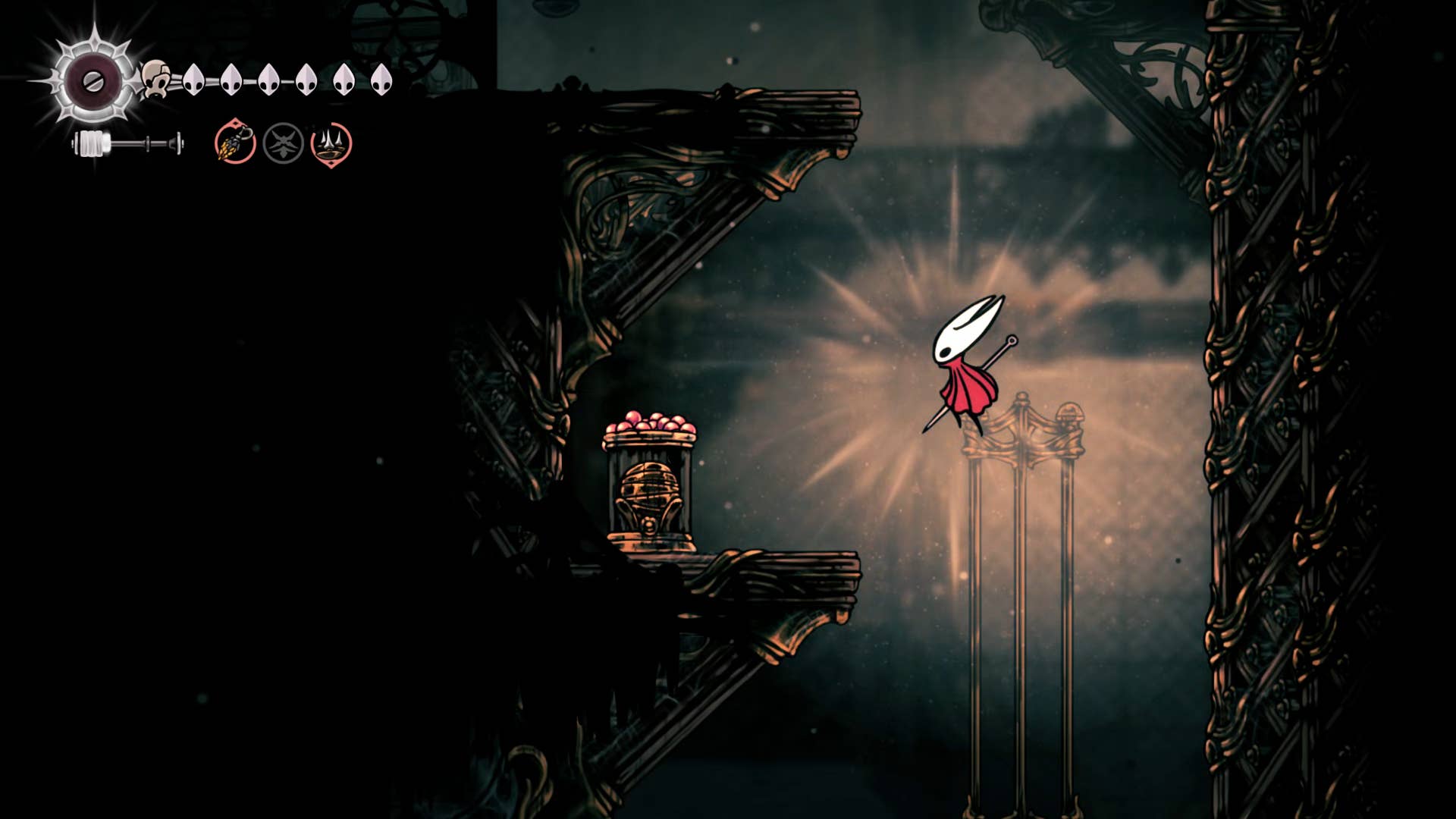 Screenshot of Hollow Knight: Silkson showing the path through a whispered vault.
