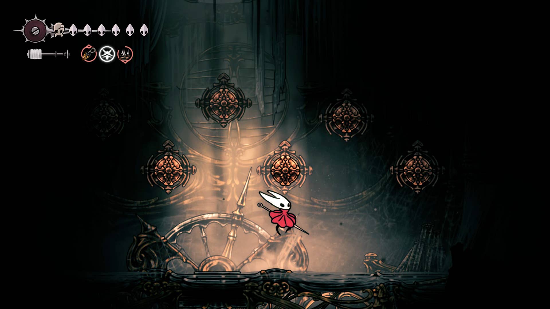 Screenshot of Hollow Knight: Silkson showing the path through a whispered vault.