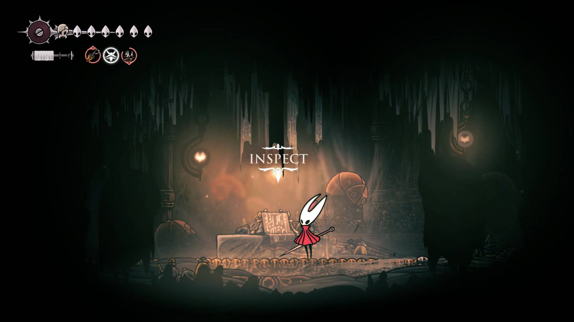 Screenshot of Hollow Knight: Silkson showing the path through a whispered vault.