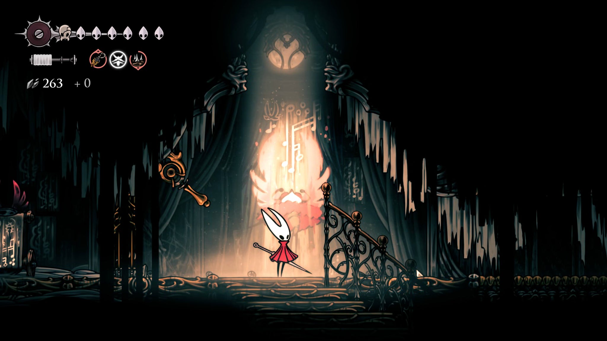 A screenshot of Hollow Knight: Silksong showing the path through the Whispering Vaults. - 48