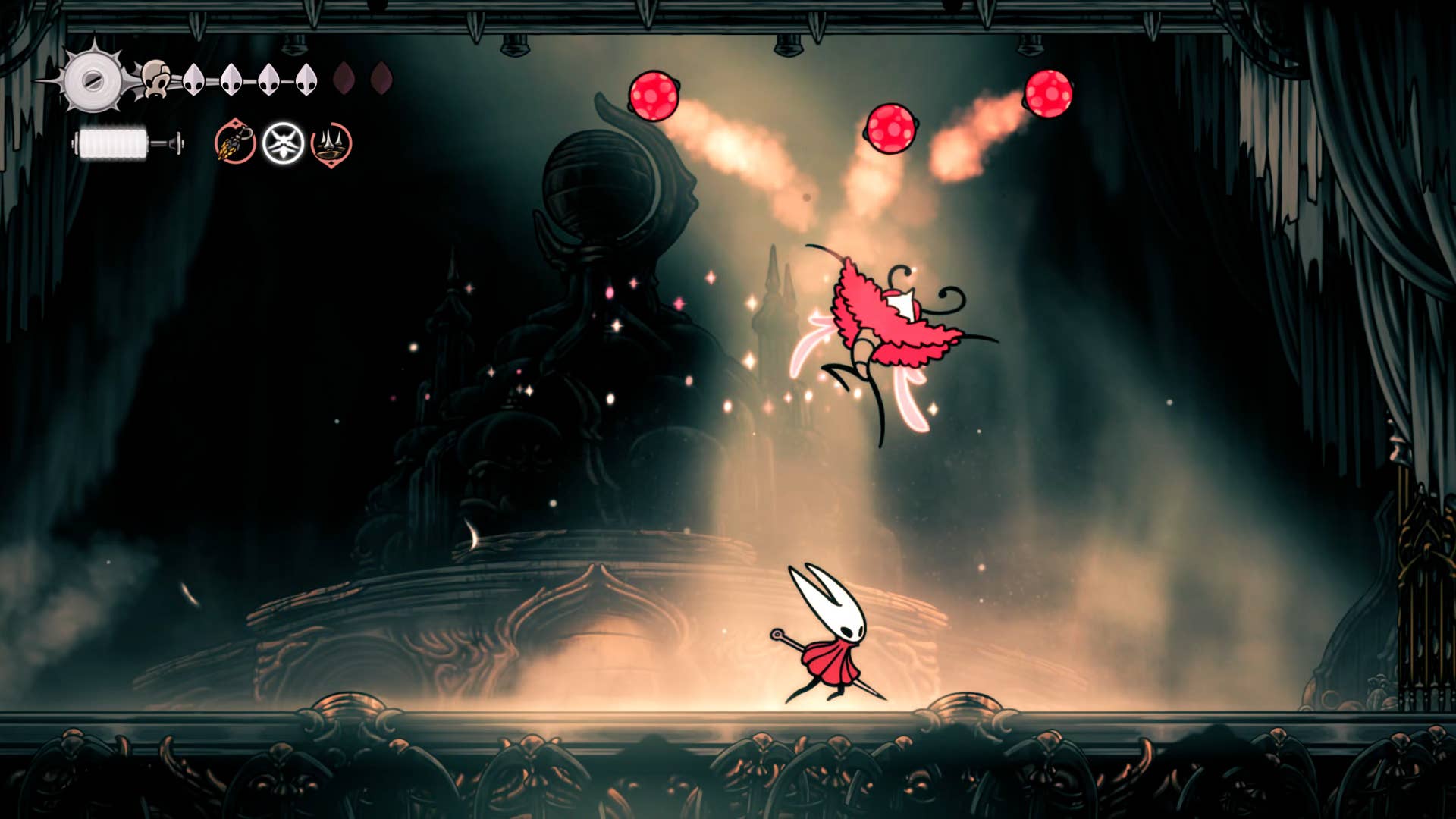 Screenshot of Hollow Knight: Silkson showing the path through a whispered vault.