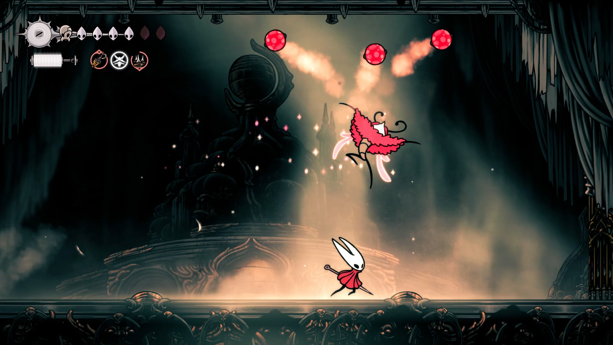 A screenshot of Hollow Knight: Silksong showing the path through the Whispering Vaults. - 49