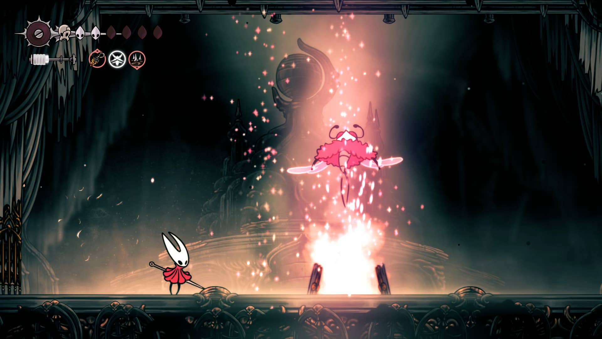 Screenshot of Hollow Knight: Silkson showing the path through a whispered vault.
