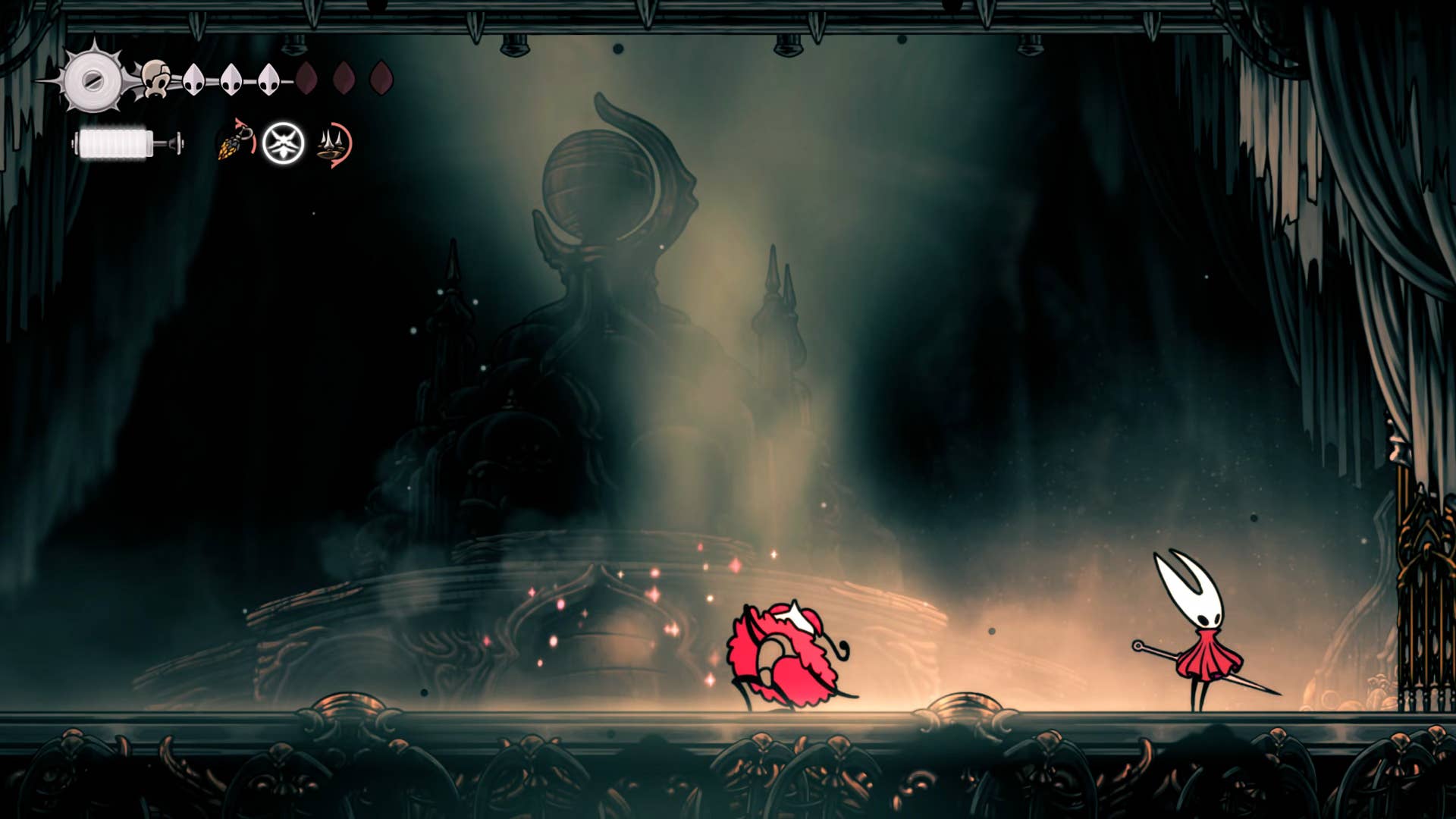 Screenshot of Hollow Knight: Silkson showing the path through a whispered vault.