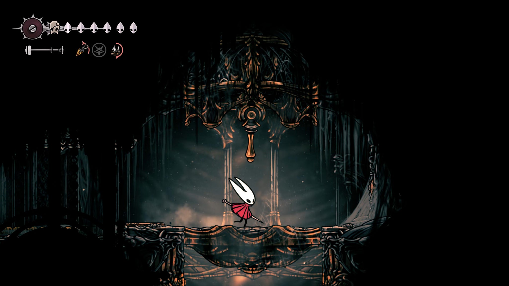 A screenshot of Hollow Knight: Silksong showing the path through the Whispering Vaults. - 52