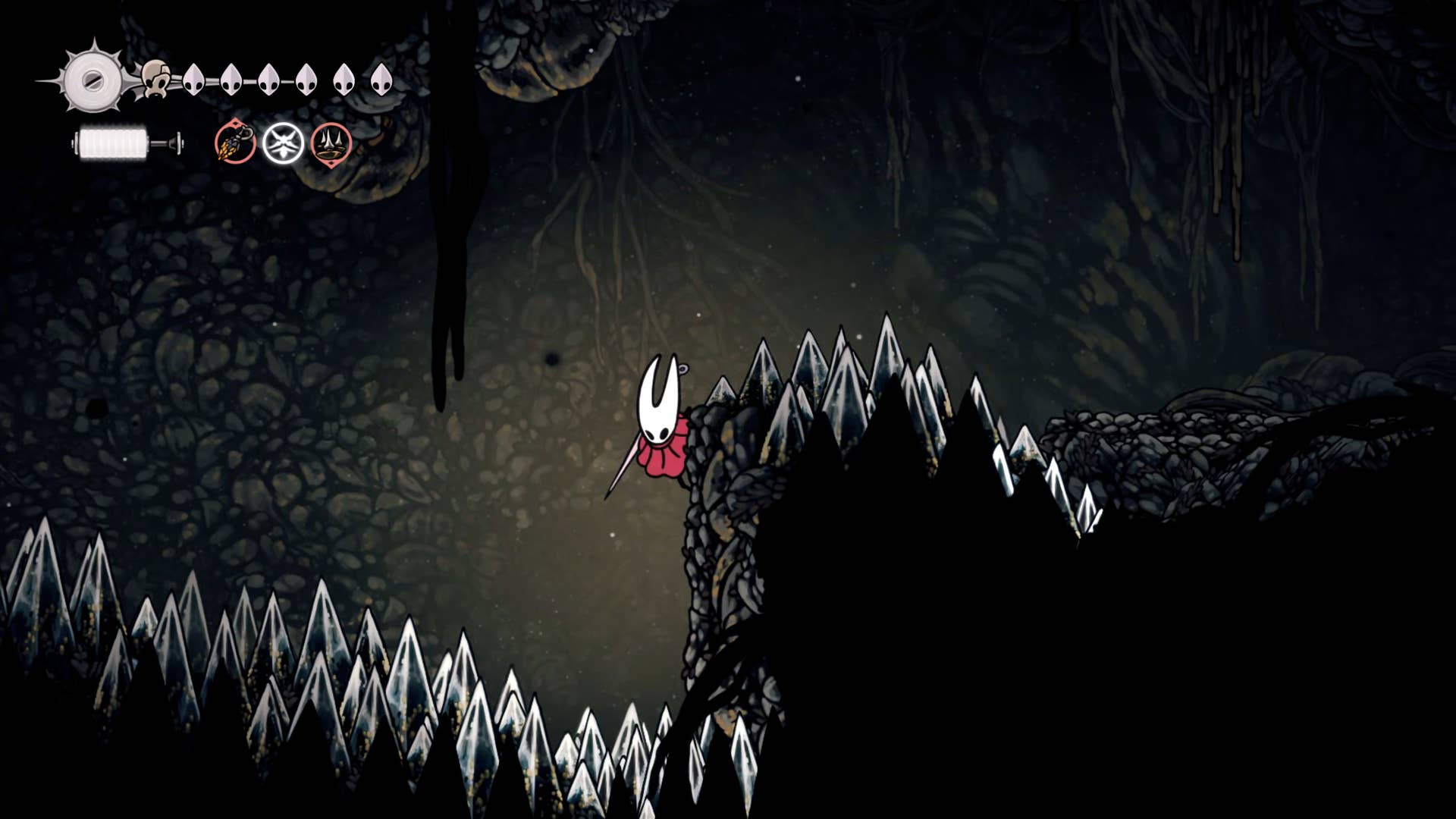 Screenshot of Hollow Knight: Silkson showing the path through a whispered vault.