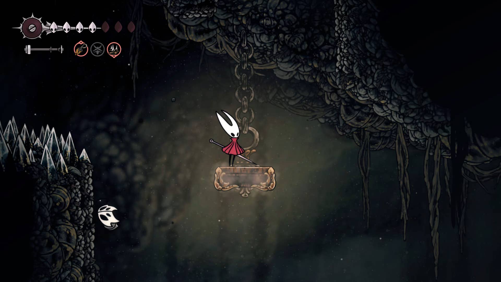 Screenshot of Hollow Knight: Silkson showing the path through a whispered vault.