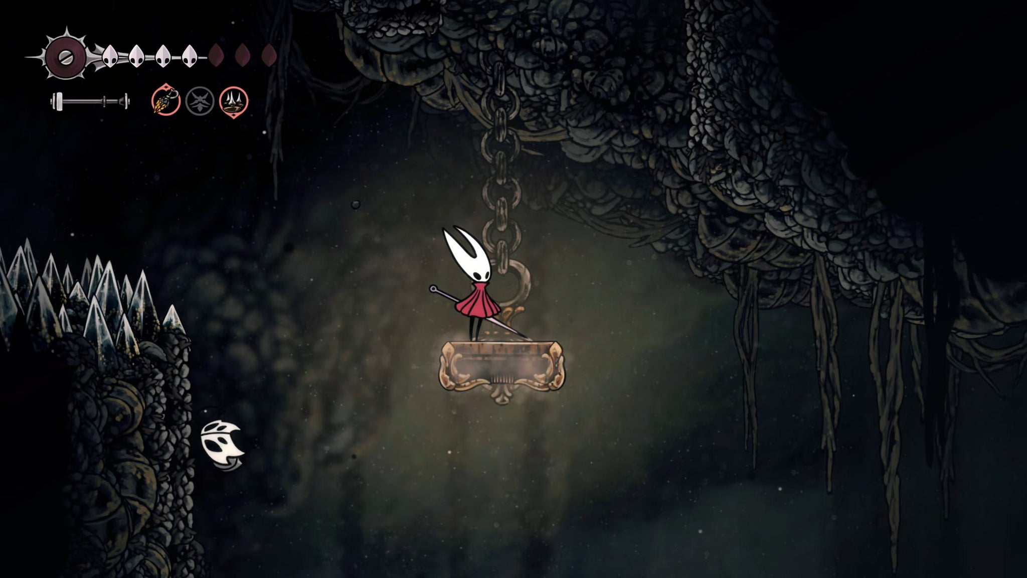 A screenshot of Hollow Knight: Silksong showing the path through the Whispering Vaults. - 53