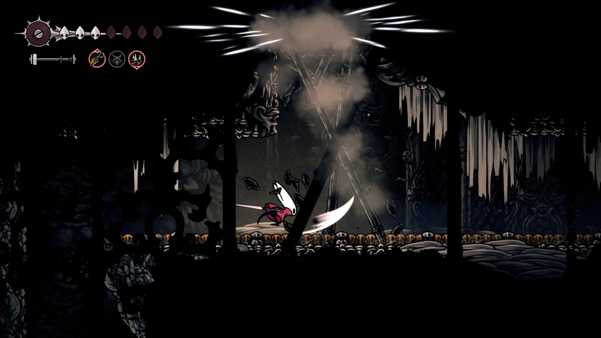 A screenshot of Hollow Knight: Silksong showing the path through the Whispering Vaults. - 54