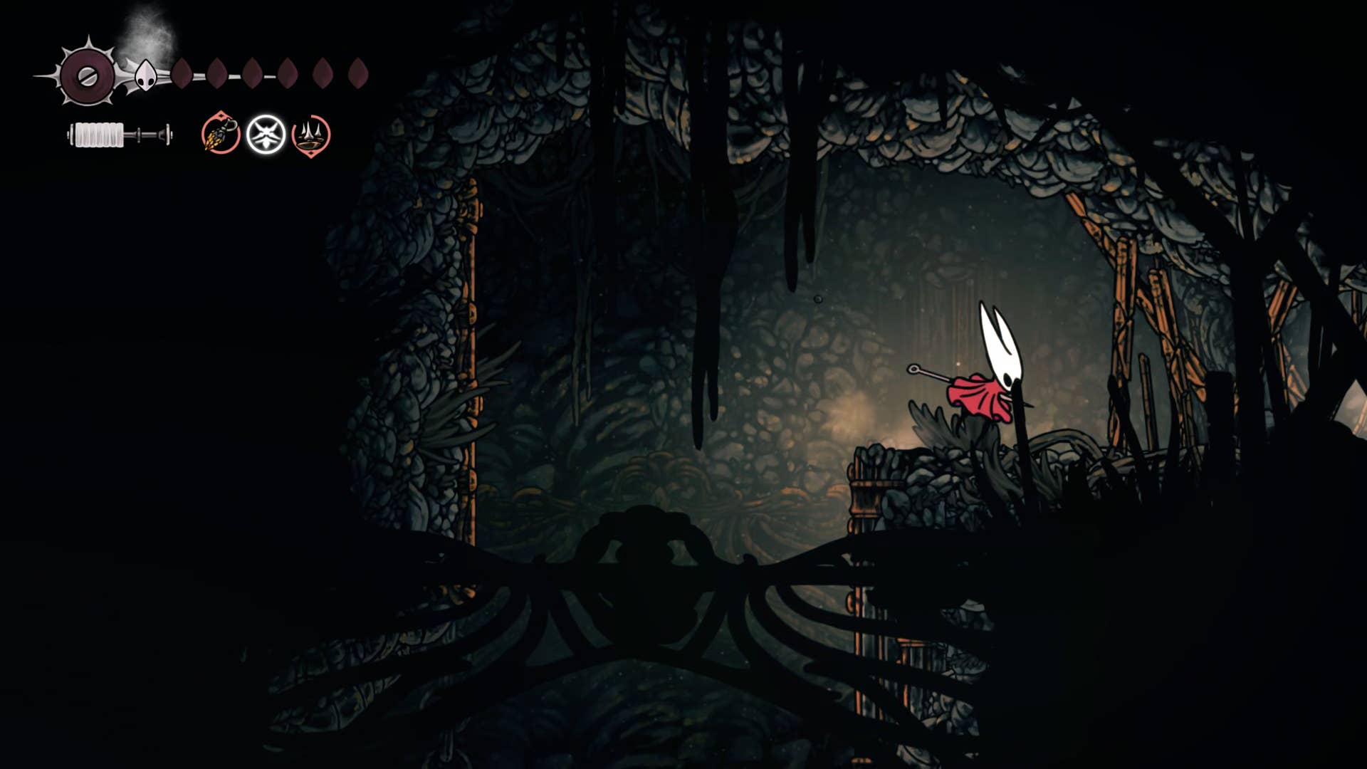 Screenshot of Hollow Knight: Silkson showing the path through a whispered vault.