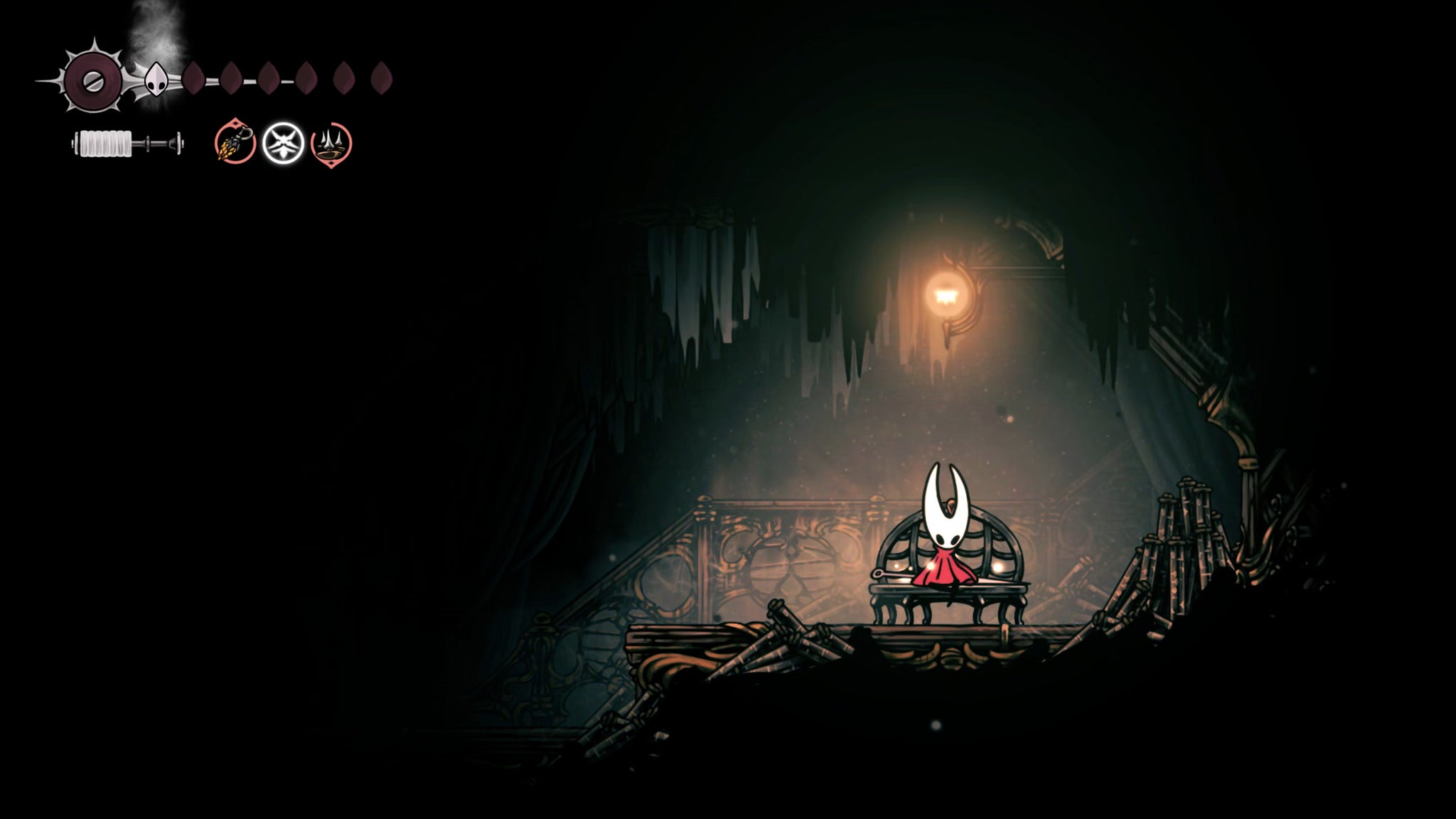 A screenshot of Hollow Knight: Silksong showing the path through the Whispering Vaults. - 58