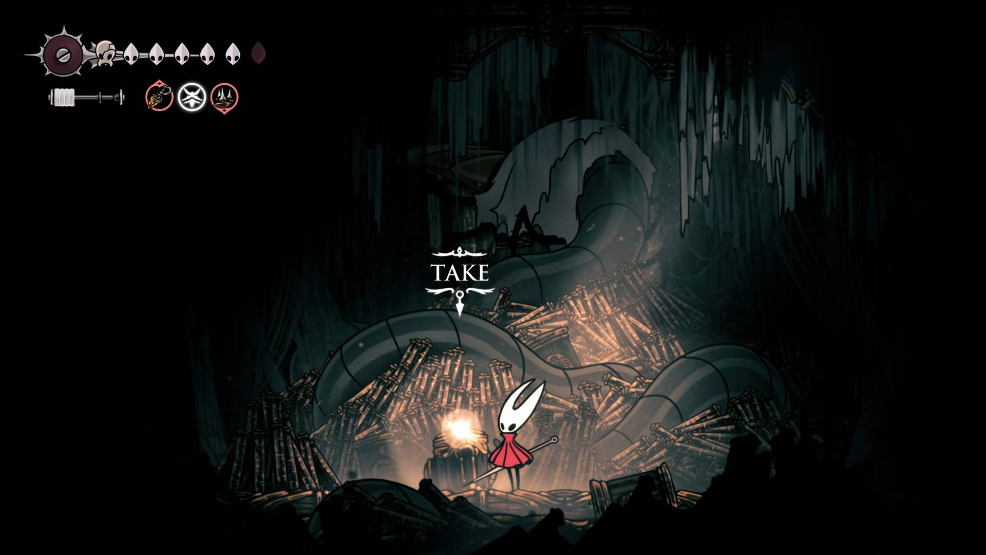 Screenshot of Hollow Knight: Silkson showing the path through a whispered vault.