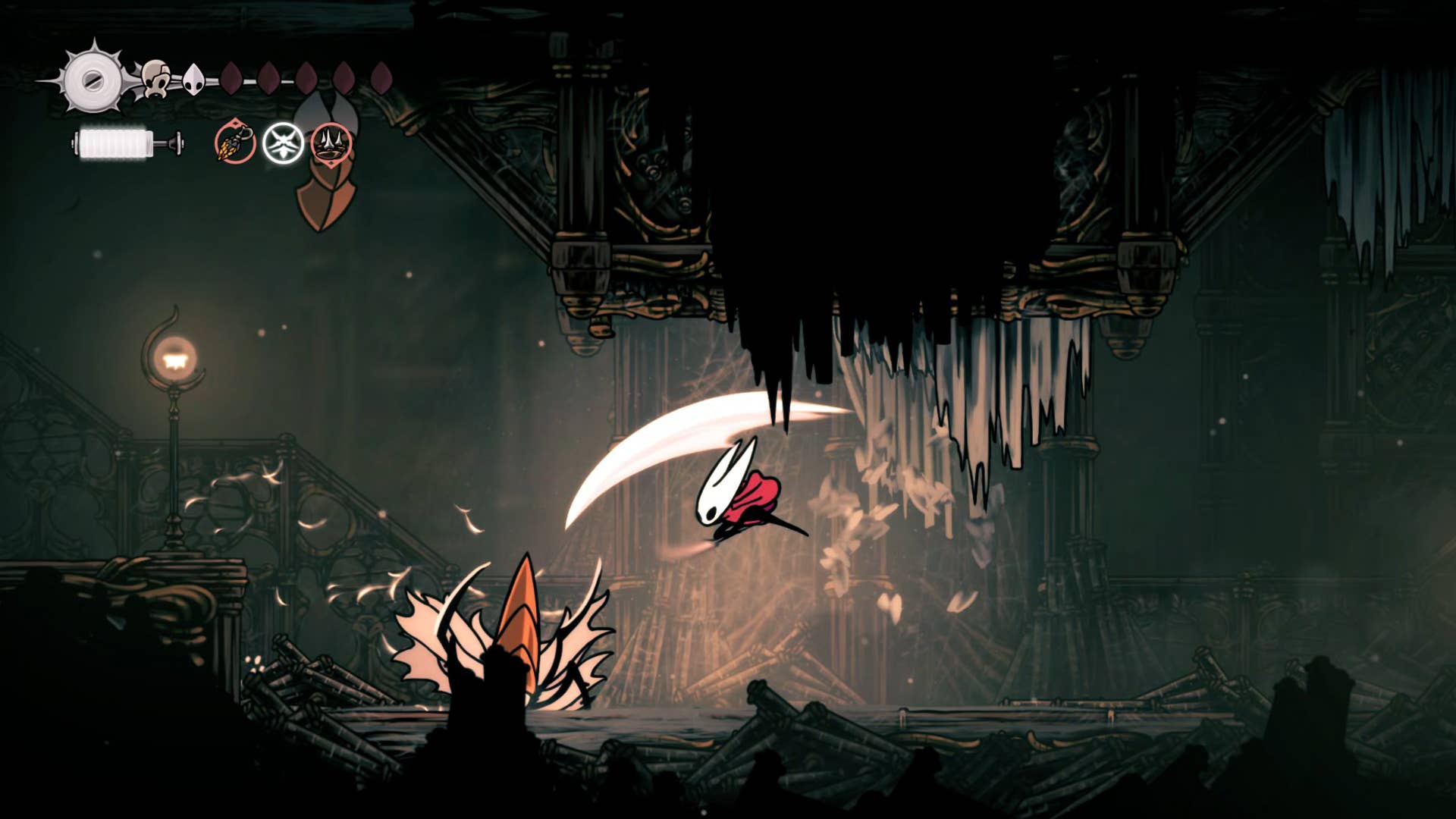 Screenshot of Hollow Knight: Silkson showing the path through a whispered vault.