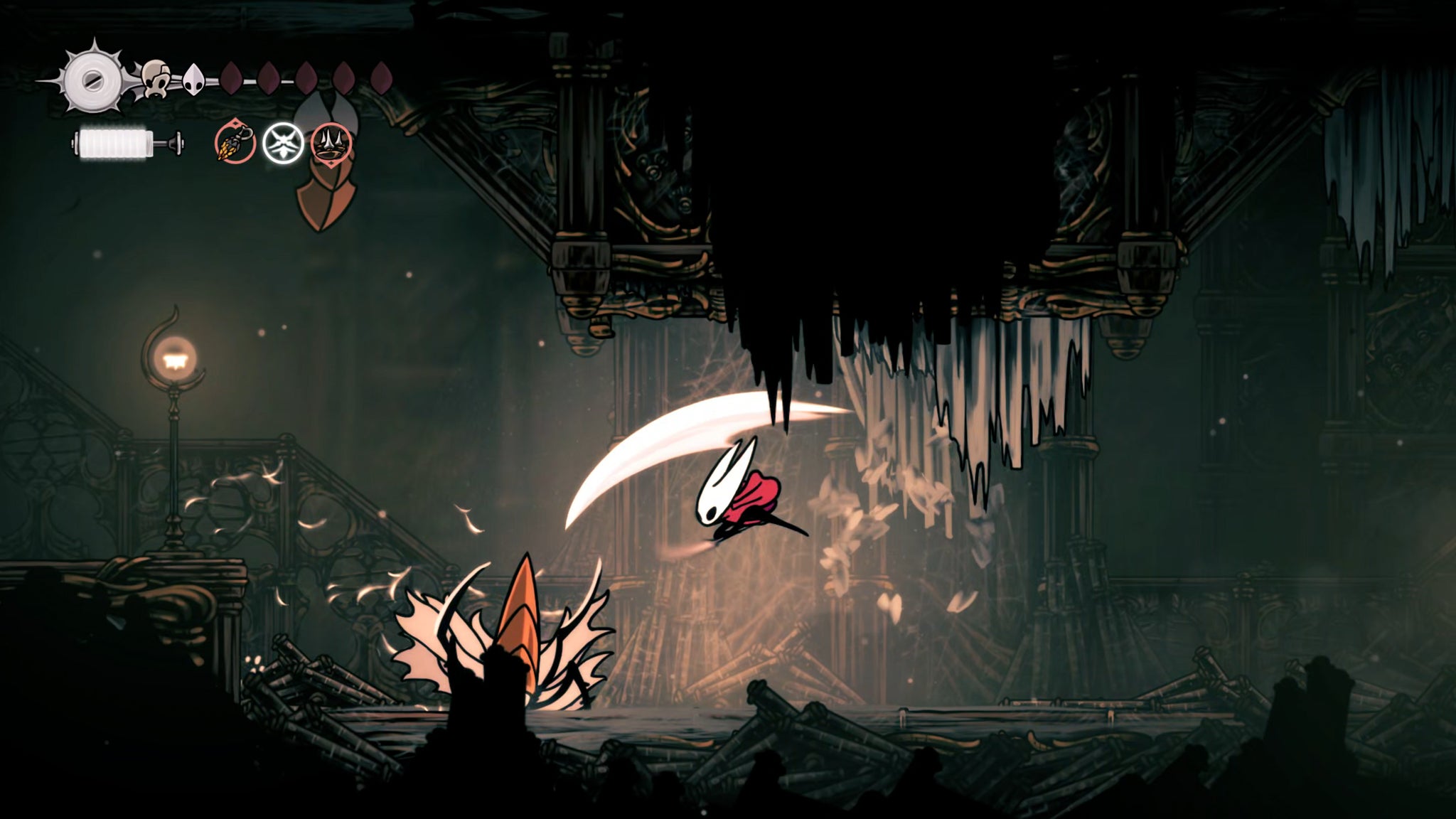 A screenshot of Hollow Knight: Silksong showing the path through the Whispering Vaults. - 60
