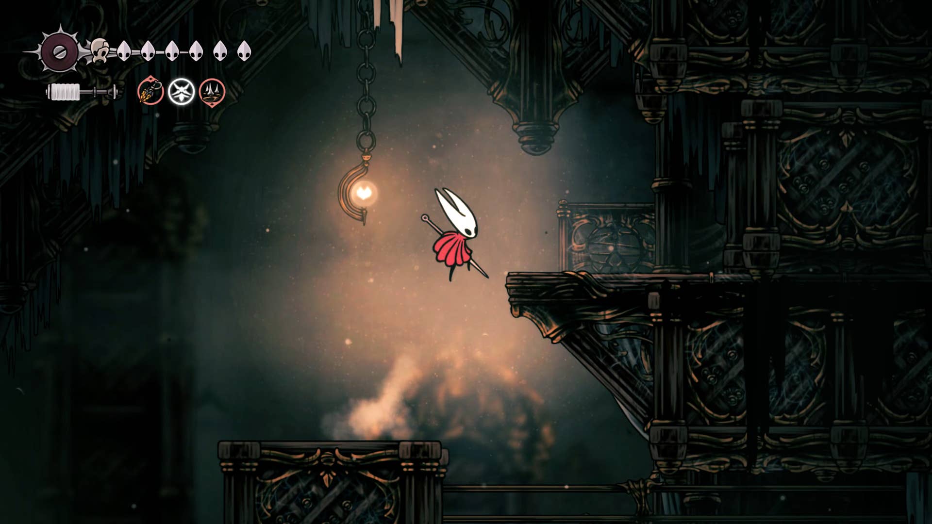 Screenshot of Hollow Knight: Silkson showing the path through a whispered vault.
