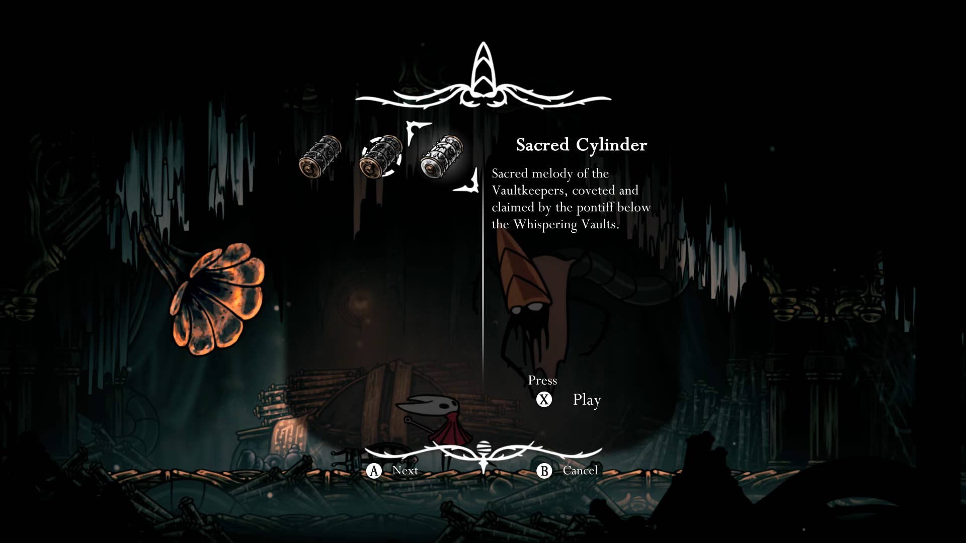Screenshot of Hollow Knight: Silkson showing the path through a whispered vault.