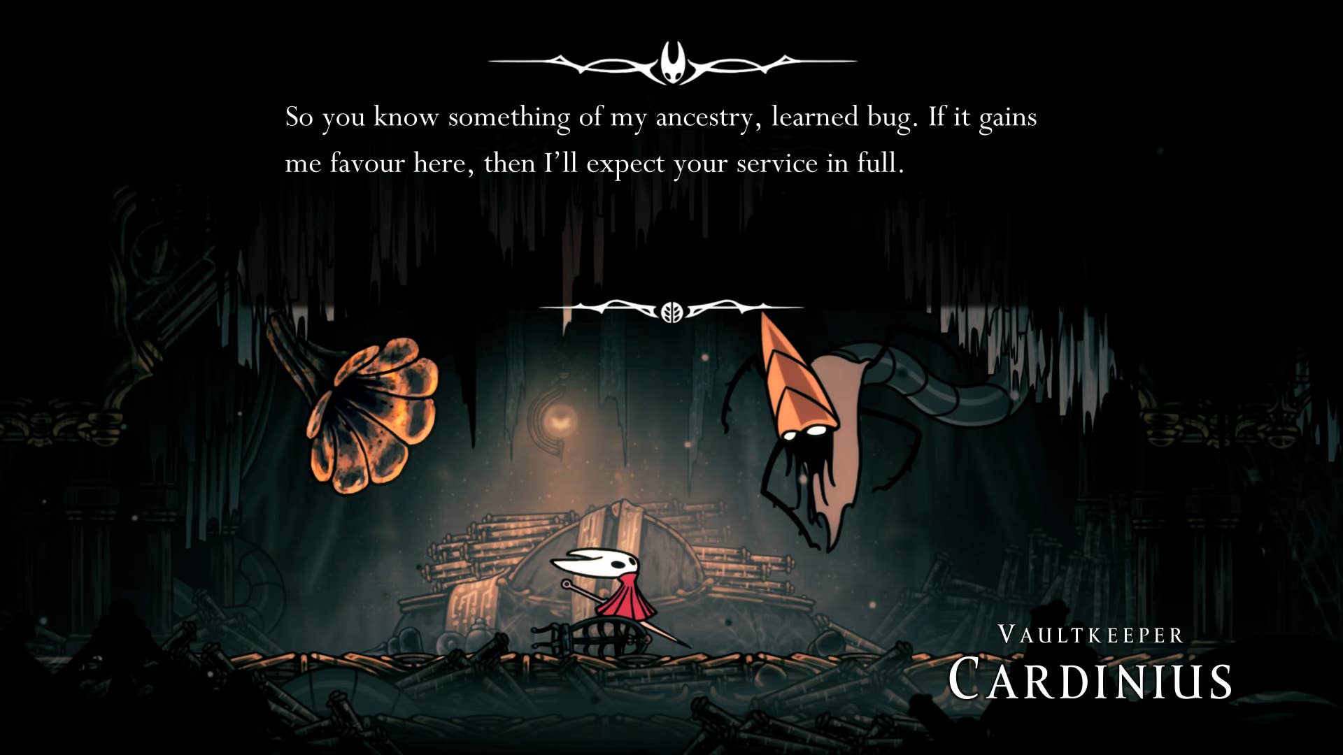 Screenshot of Hollow Knight: Silkson showing the path through a whispered vault.