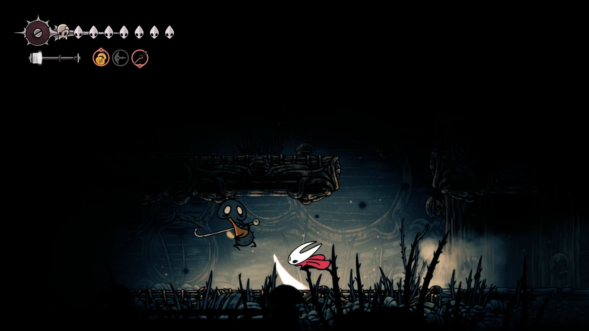 A screenshot of Hollow Knight: Silksong showing the path through The Slab. - 14