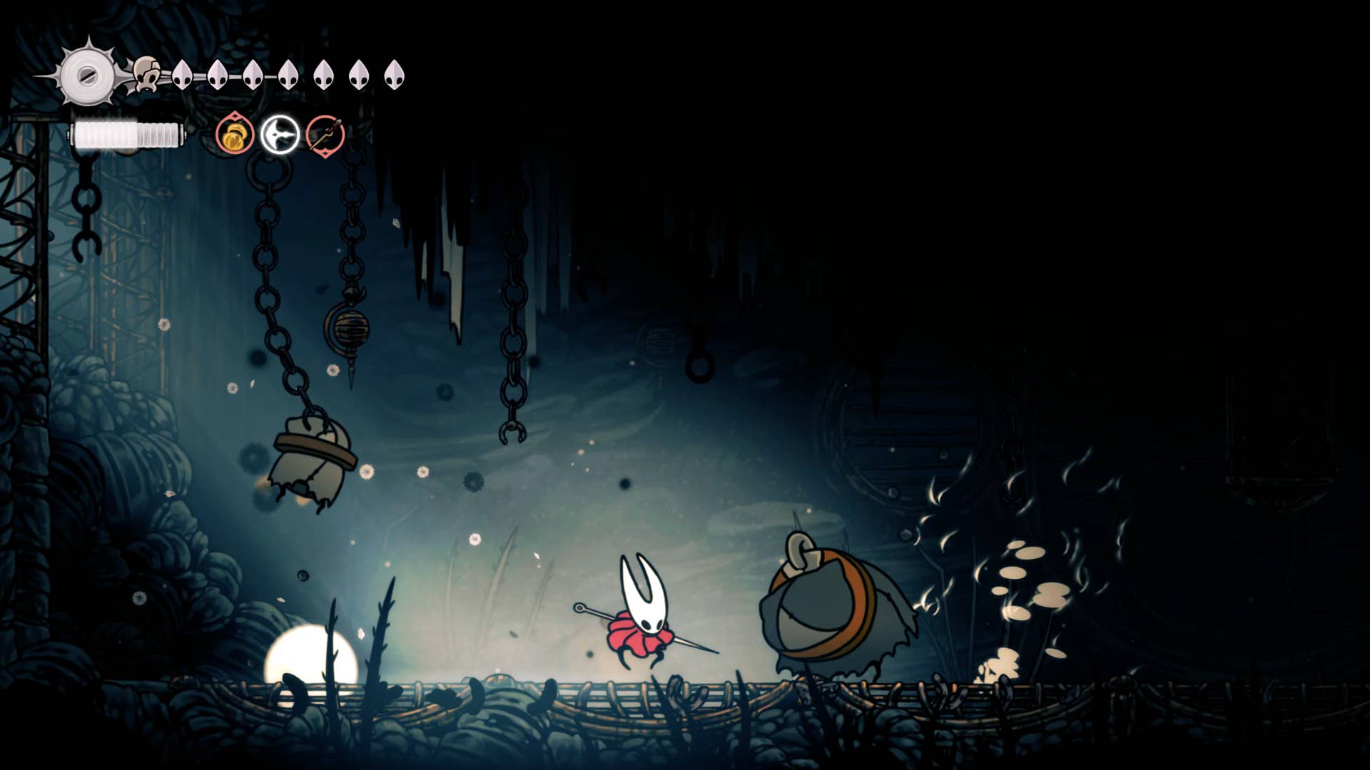 Screenshot of Hollow Knight: Silkson showing a path through the slab.