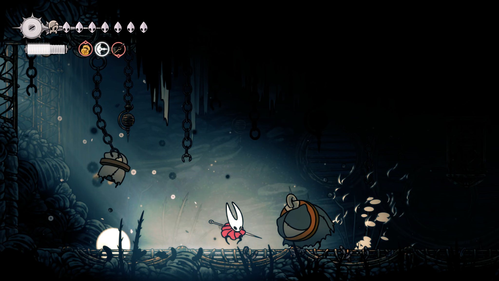 A screenshot of Hollow Knight: Silksong showing the path through The Slab. - 23