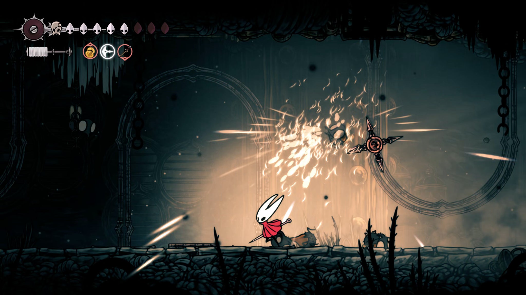 A screenshot of Hollow Knight: Silksong showing the path through The Slab. - 30